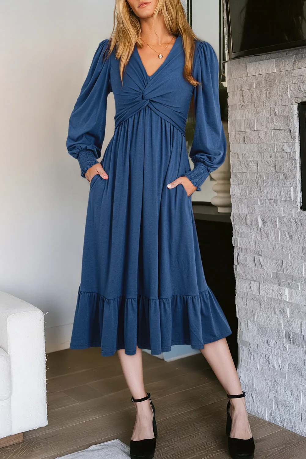 Front Twist Puff Sleeve Ruffled Dress sold by Beagle Boutique