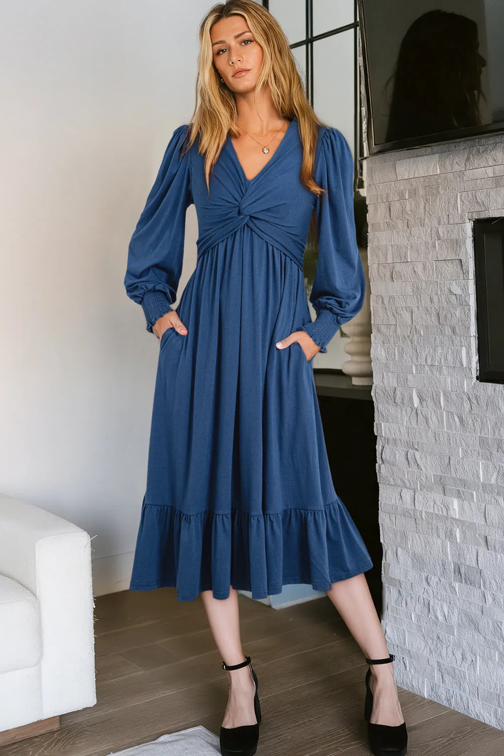 Front Twist Puff Sleeve Ruffled Dress sold by Beagle Boutique product image thumbnail 3