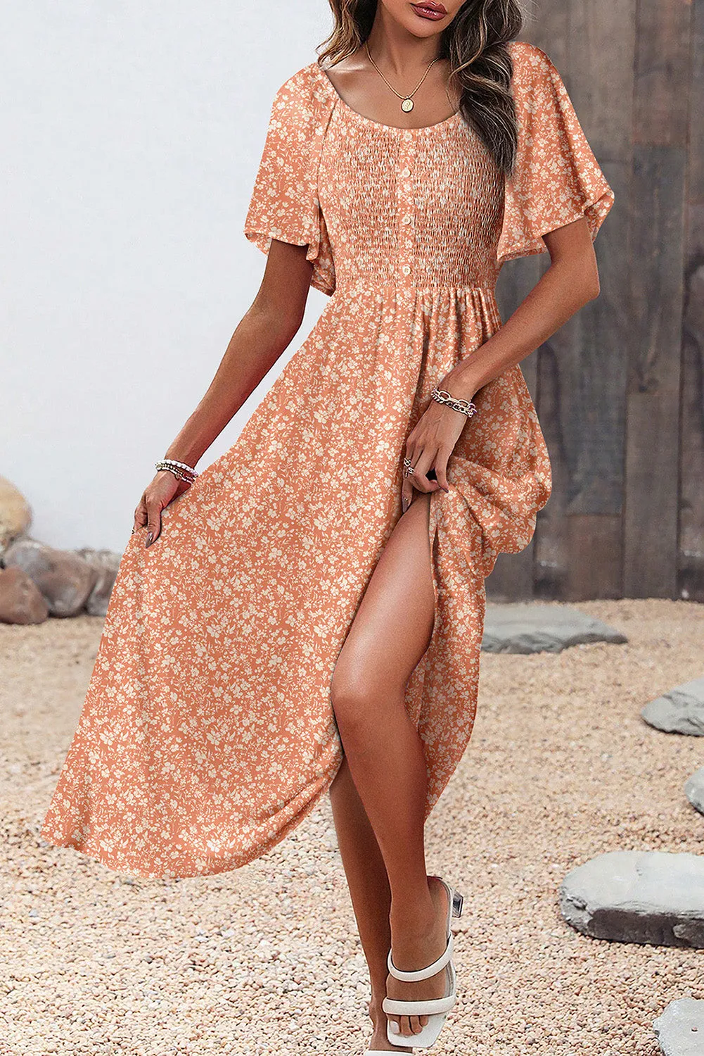 Floral Print Button Smocked Bodice Long Dress sold by Beagle Boutique