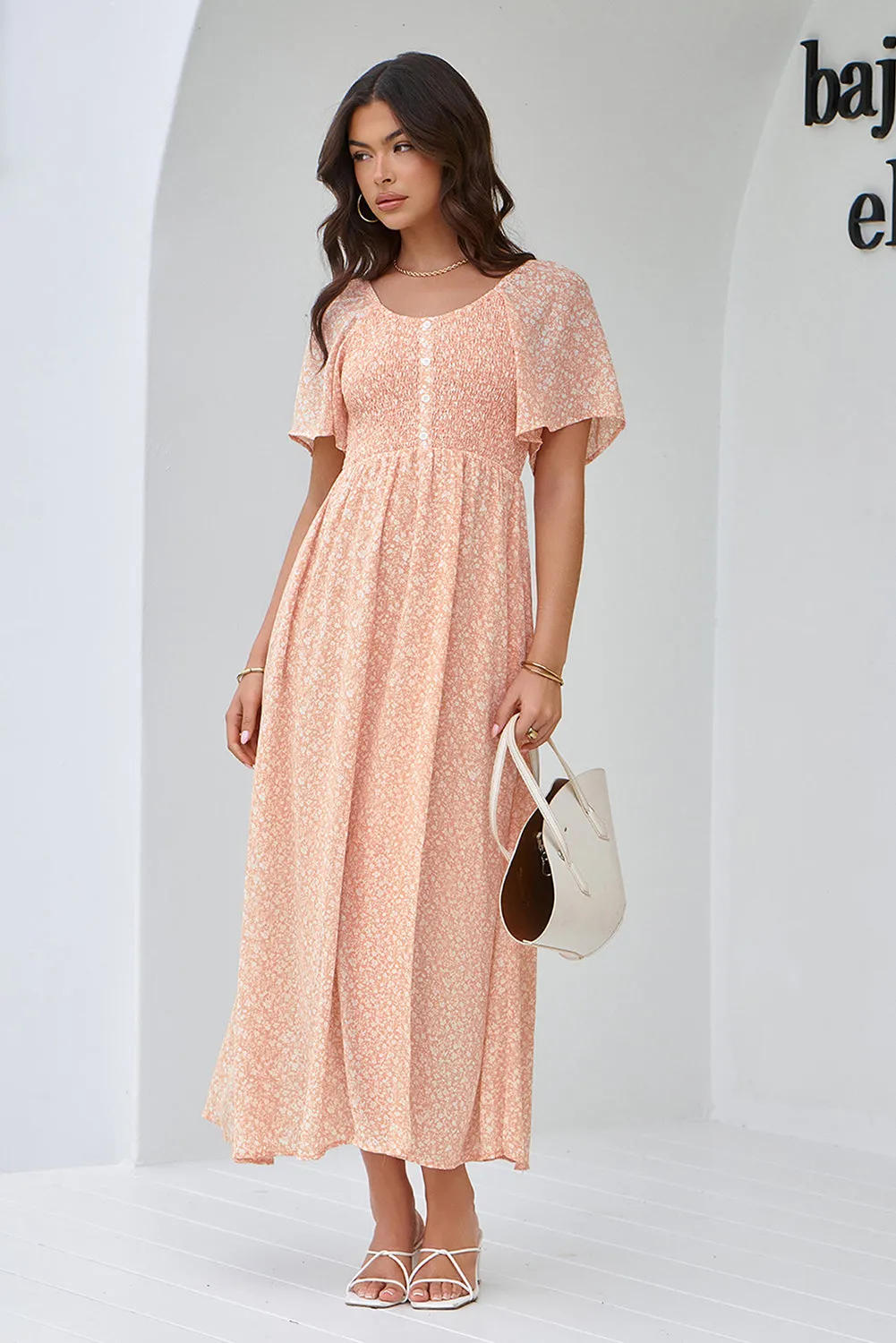 Floral Print Button Smocked Bodice Long Dress sold by Beagle Boutique product image thumbnail 3