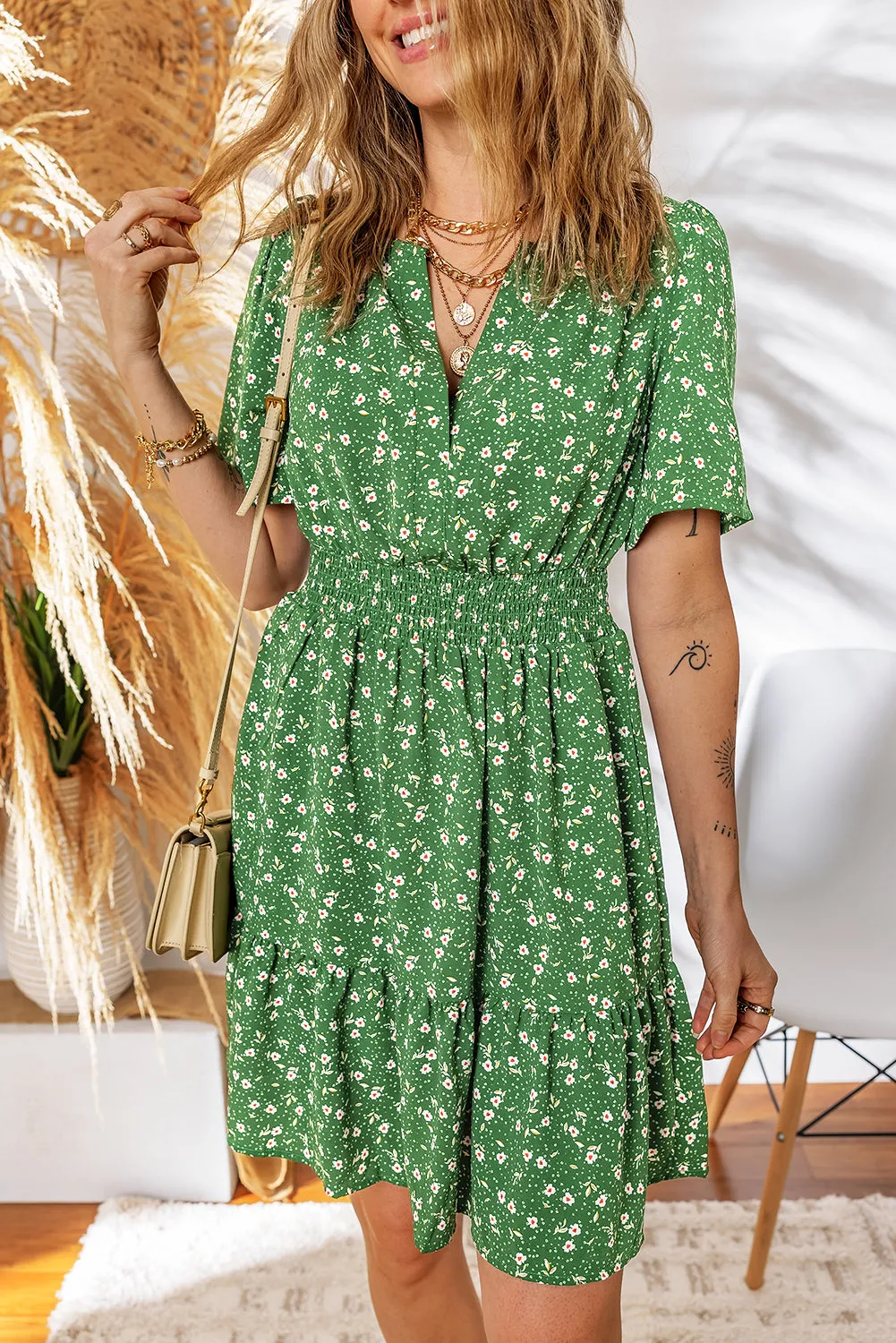 Floral Print Wrap V-Neck Short Sleeve Mini Dress sold by Beagle Boutique product image thumbnail 3