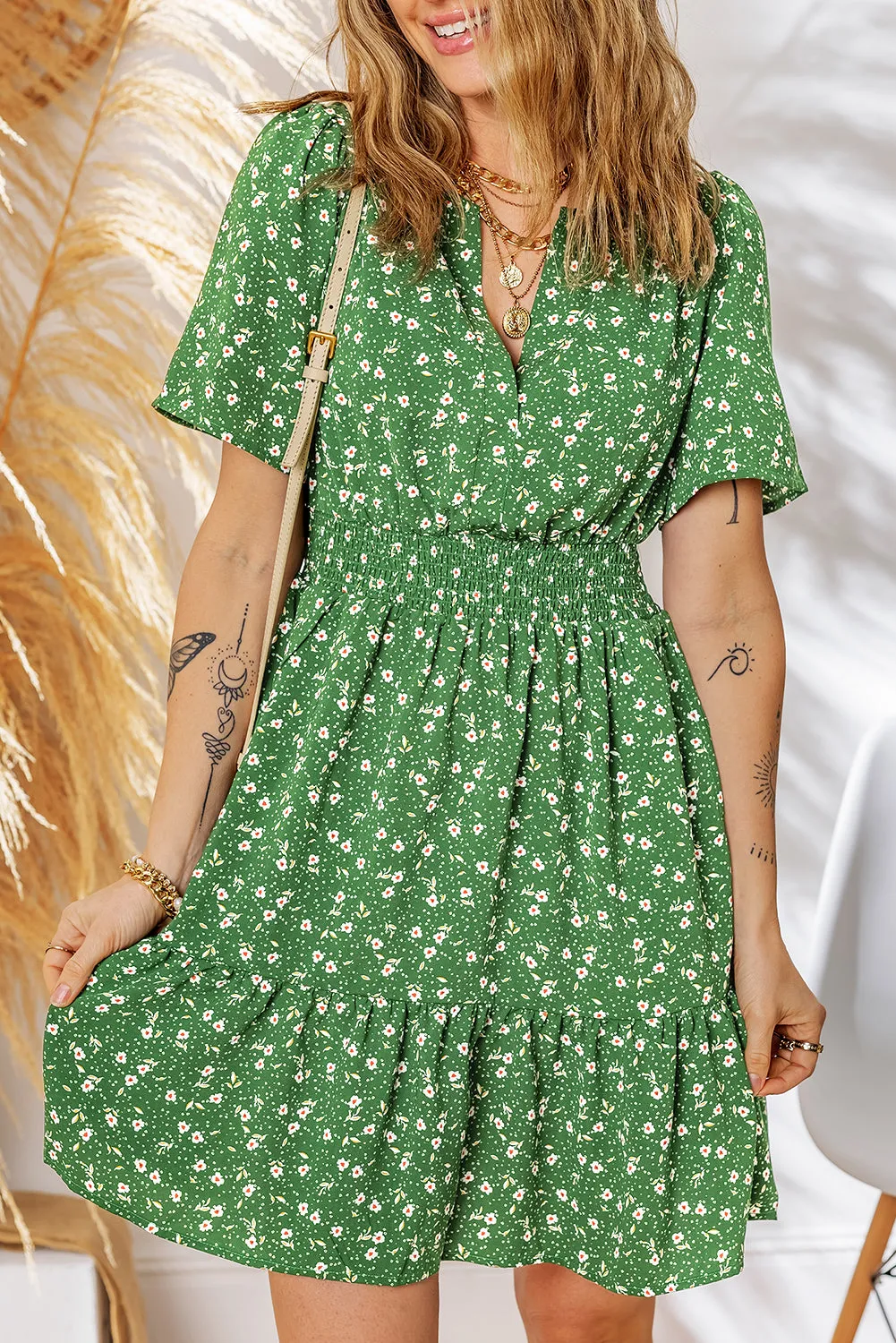 Floral Print Wrap V-Neck Short Sleeve Mini Dress sold by Beagle Boutique product image thumbnail 4