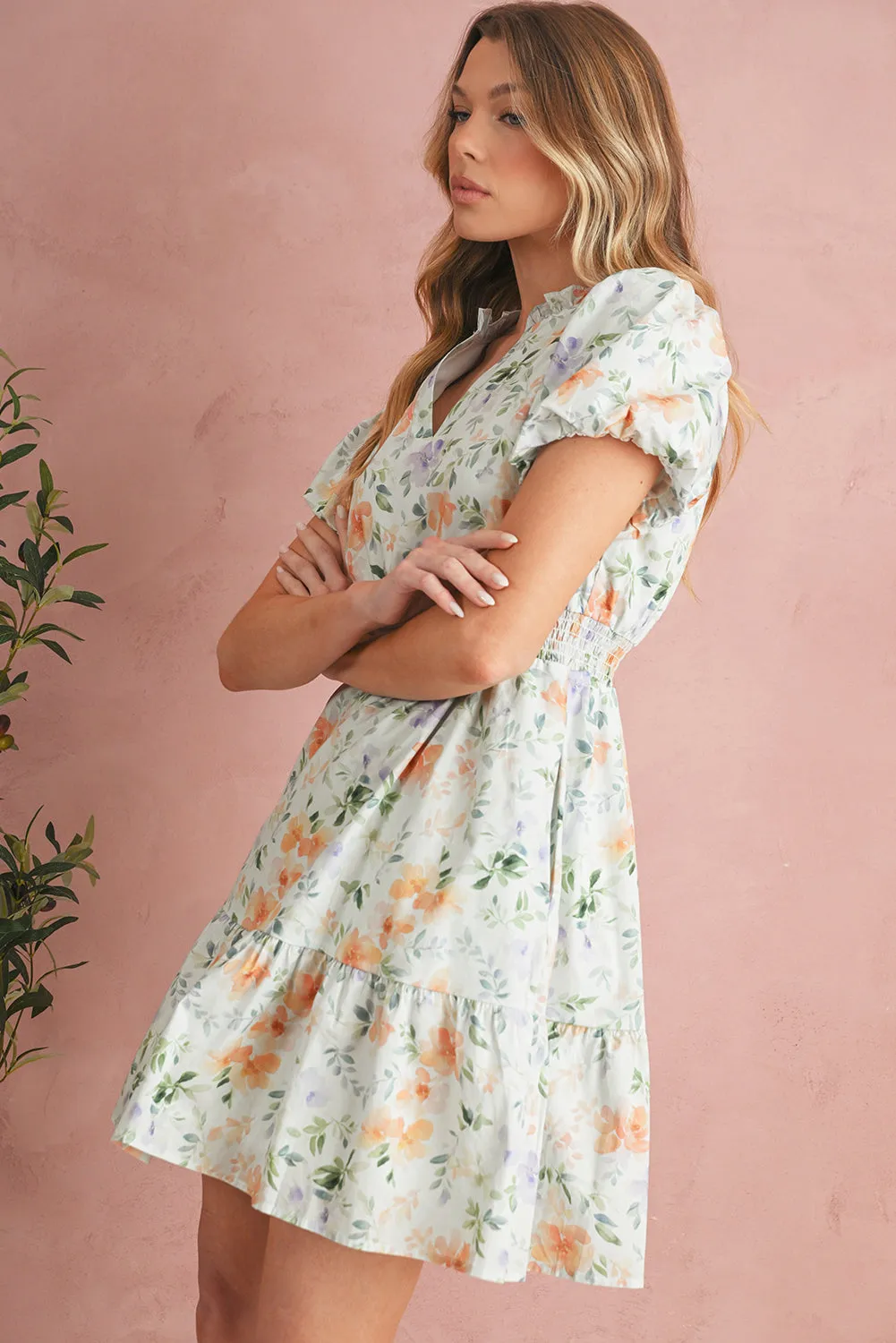 Floral Print Smocked Puff Sleeve Mini Dress sold by Beagle Boutique product image thumbnail 3