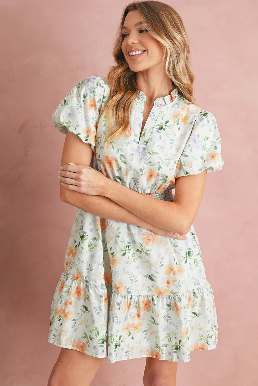 Floral Print Smocked Puff Sleeve Mini Dress sold by Beagle Boutique product image thumbnail 5