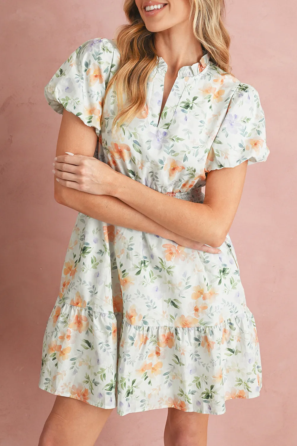 Floral Print Smocked Puff Sleeve Mini Dress sold by Beagle Boutique