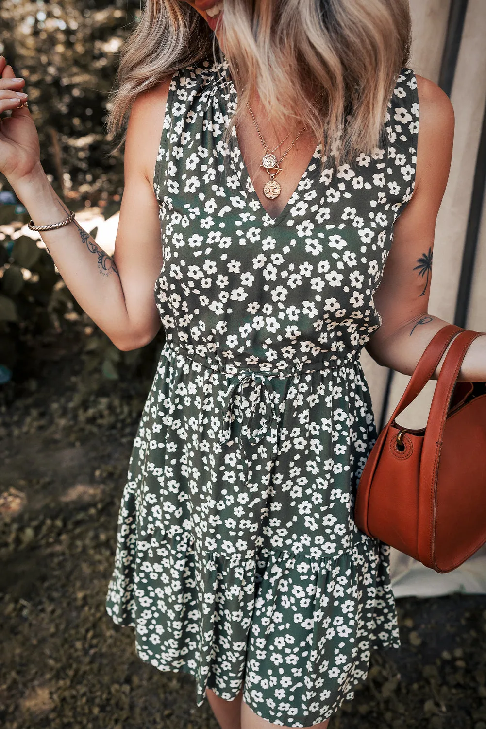 Boho Floral Print V-Neck Knot Waist Sleeveless Dress sold by Beagle Boutique product image thumbnail 5