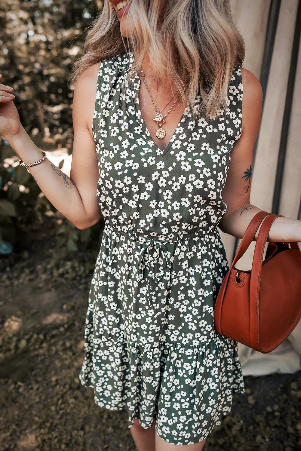Boho Floral Print V-Neck Knot Waist Sleeveless Dress sold by Beagle Boutique product image thumbnail 4