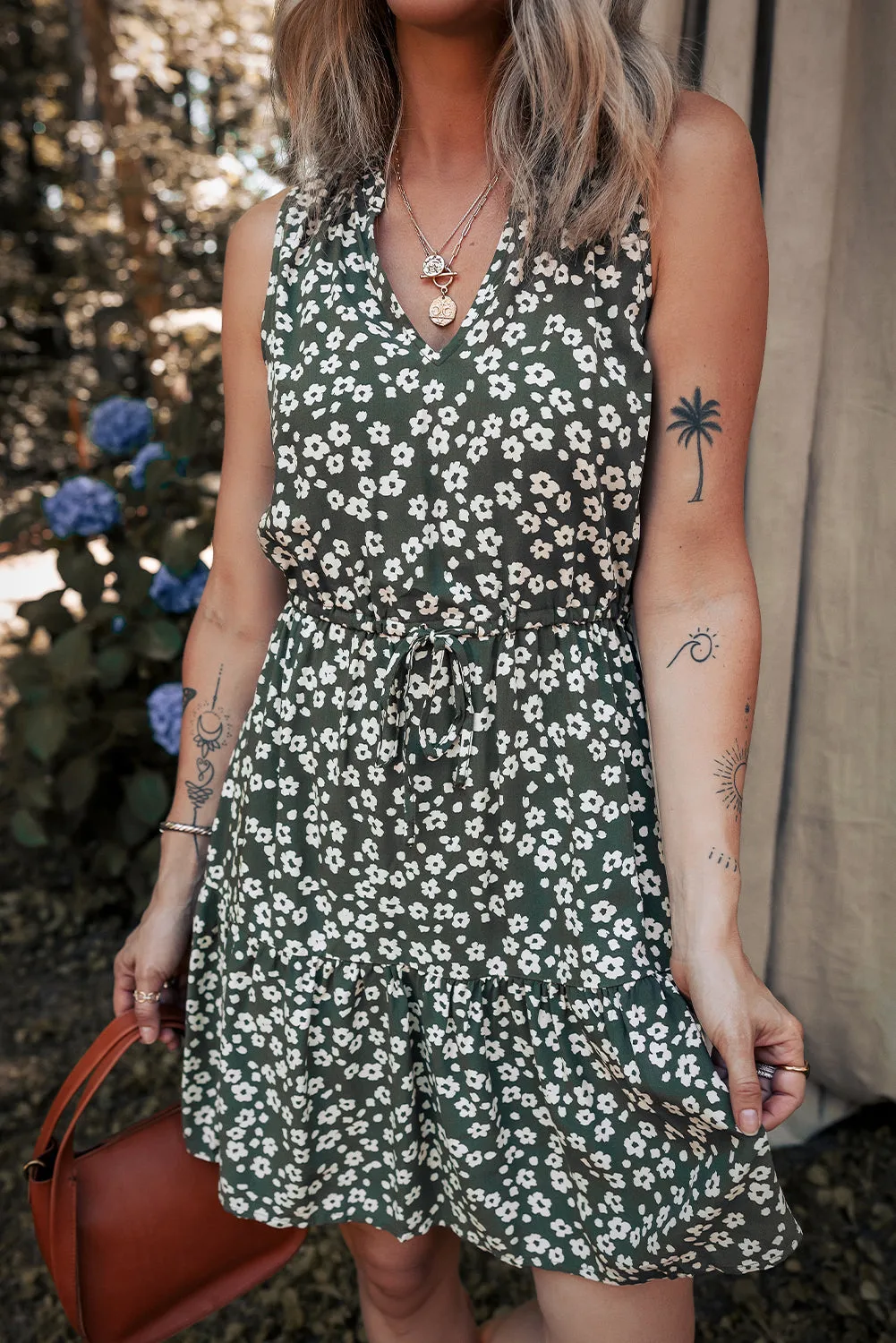 Boho Floral Print V-Neck Knot Waist Sleeveless Dress sold by Beagle Boutique product image thumbnail 2