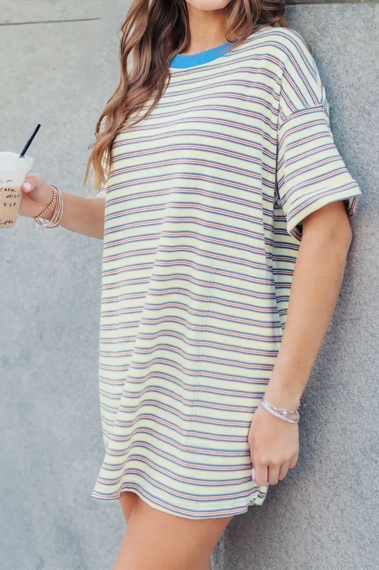Stripe Drop Shoulder Cuffed Sleeve Loose Tunic T-Shirt Mini Dress made by Beagle Boutique