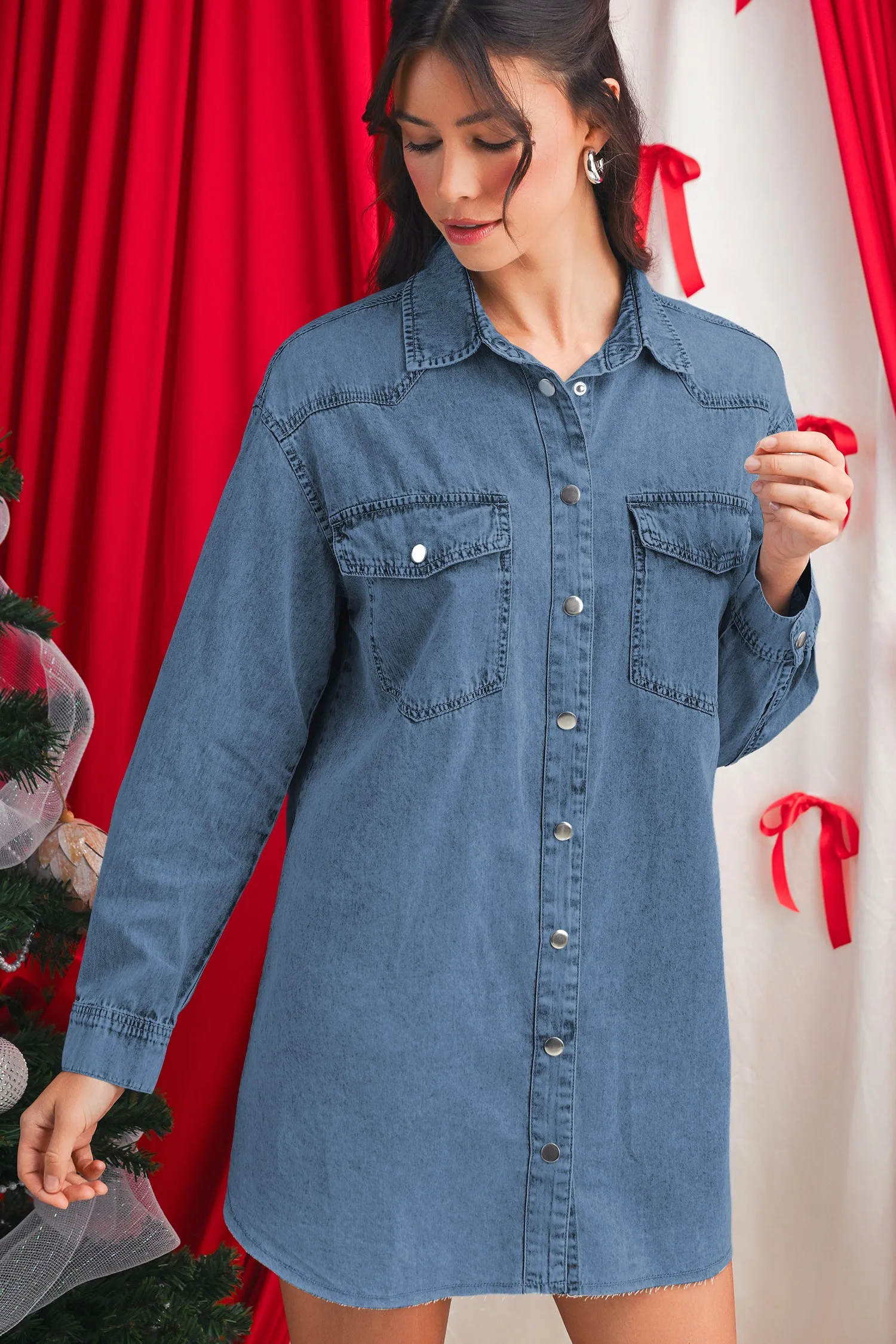 Chest Pocket Raw Hem Denim Loose Shirt Dress sold by Beagle Boutique product image thumbnail 4