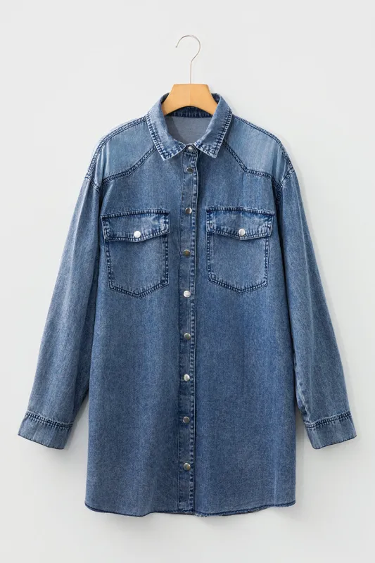 Chest Pocket Raw Hem Denim Loose Shirt Dress sold by Beagle Boutique