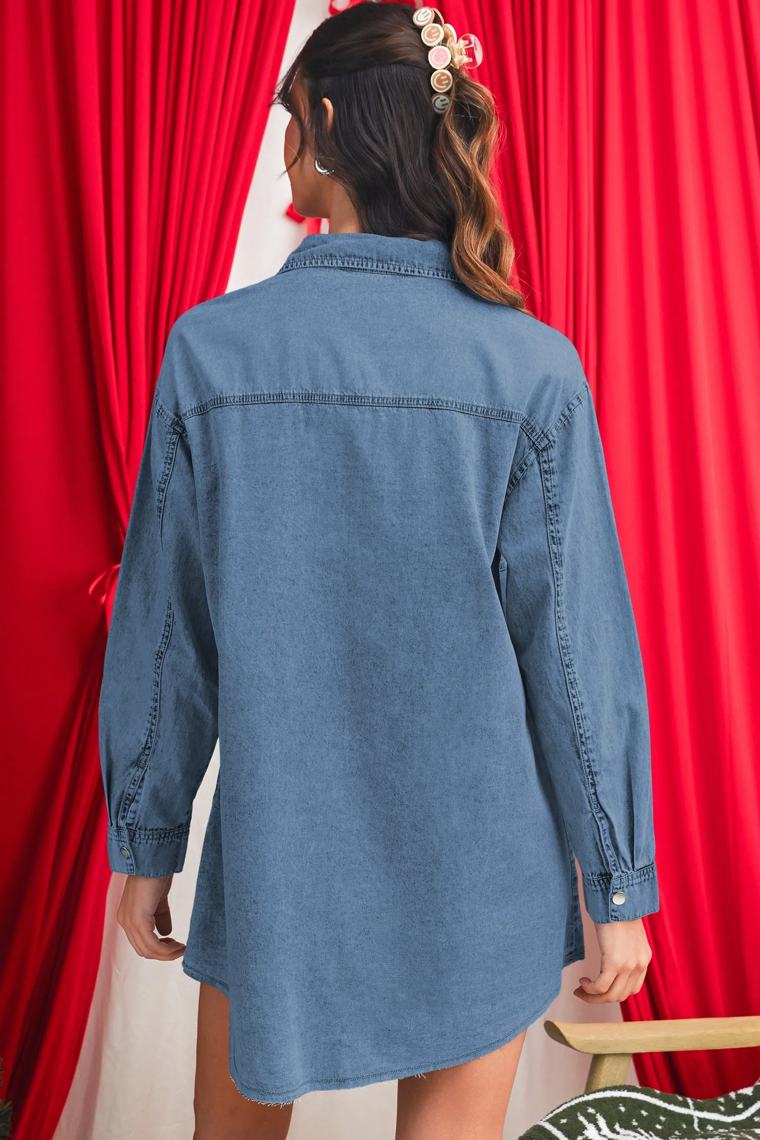 Chest Pocket Raw Hem Denim Loose Shirt Dress sold by Beagle Boutique product image thumbnail 3