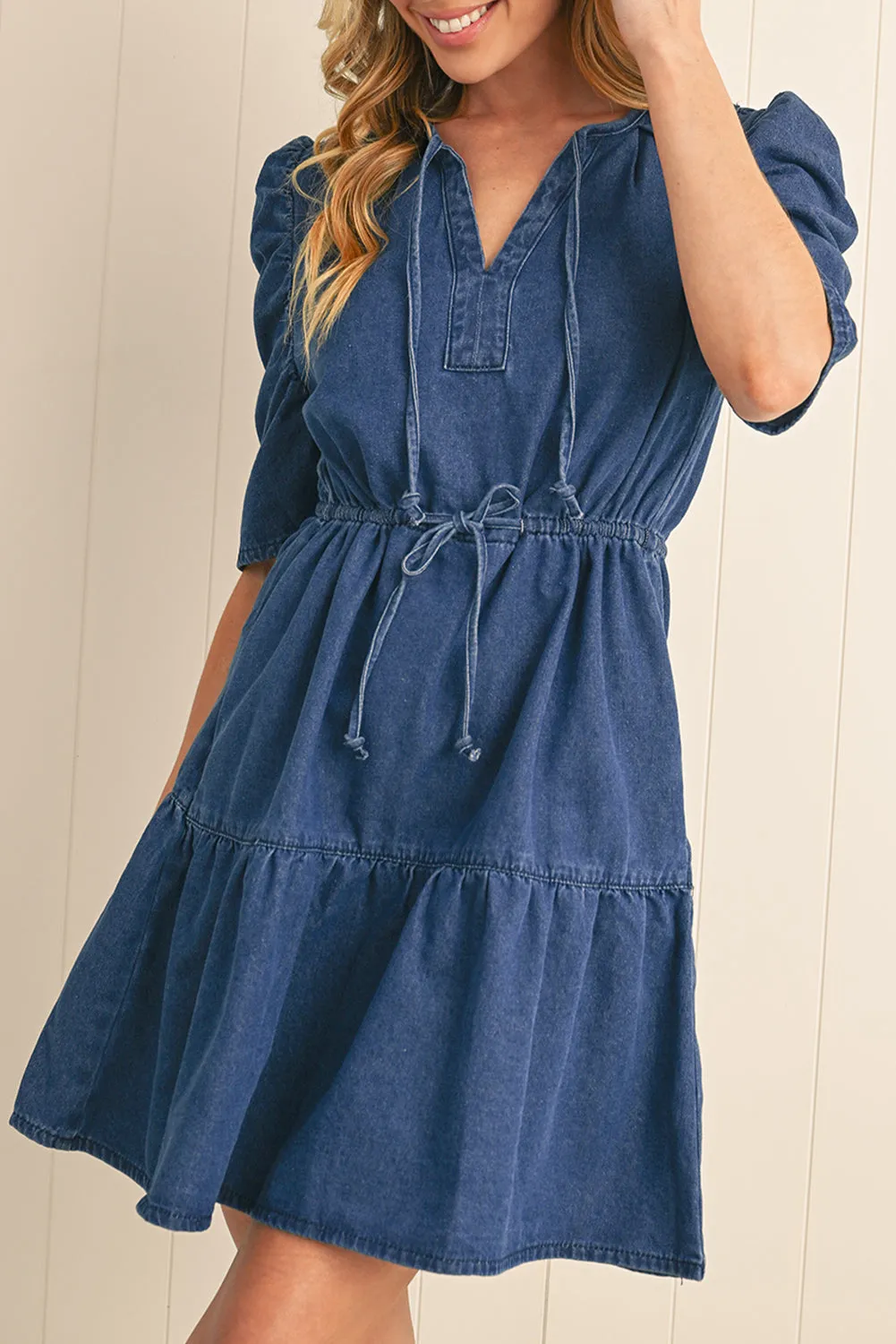 Puff Sleeve Denim Mini Dress sold by Beagle Boutique