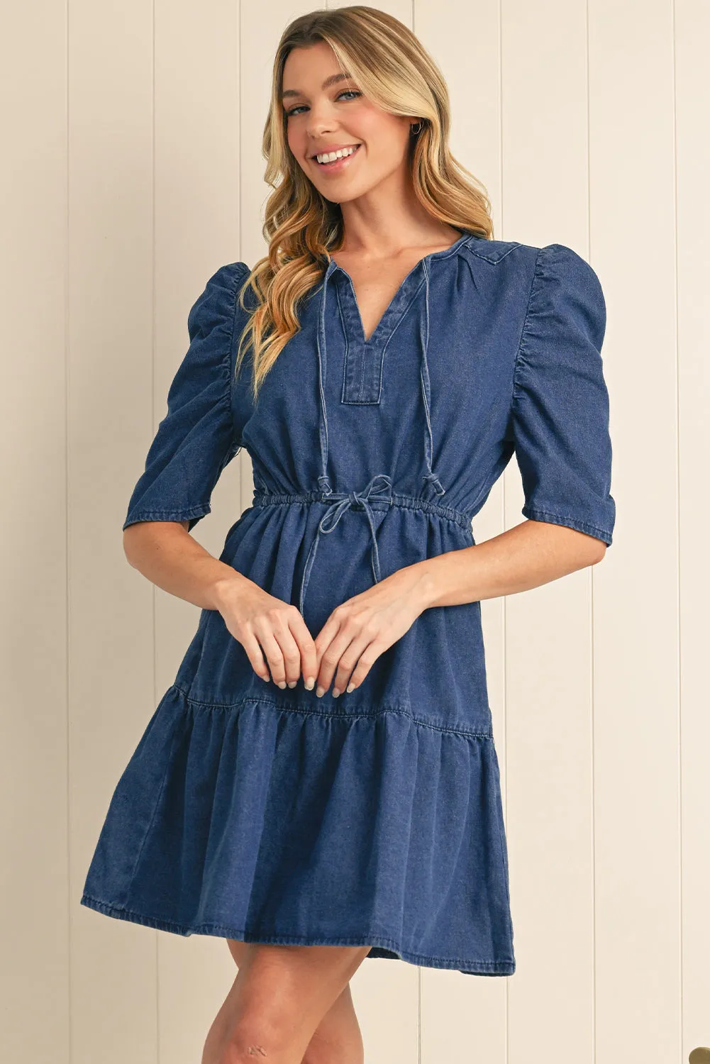 Puff Sleeve Denim Mini Dress sold by Beagle Boutique product image thumbnail 4