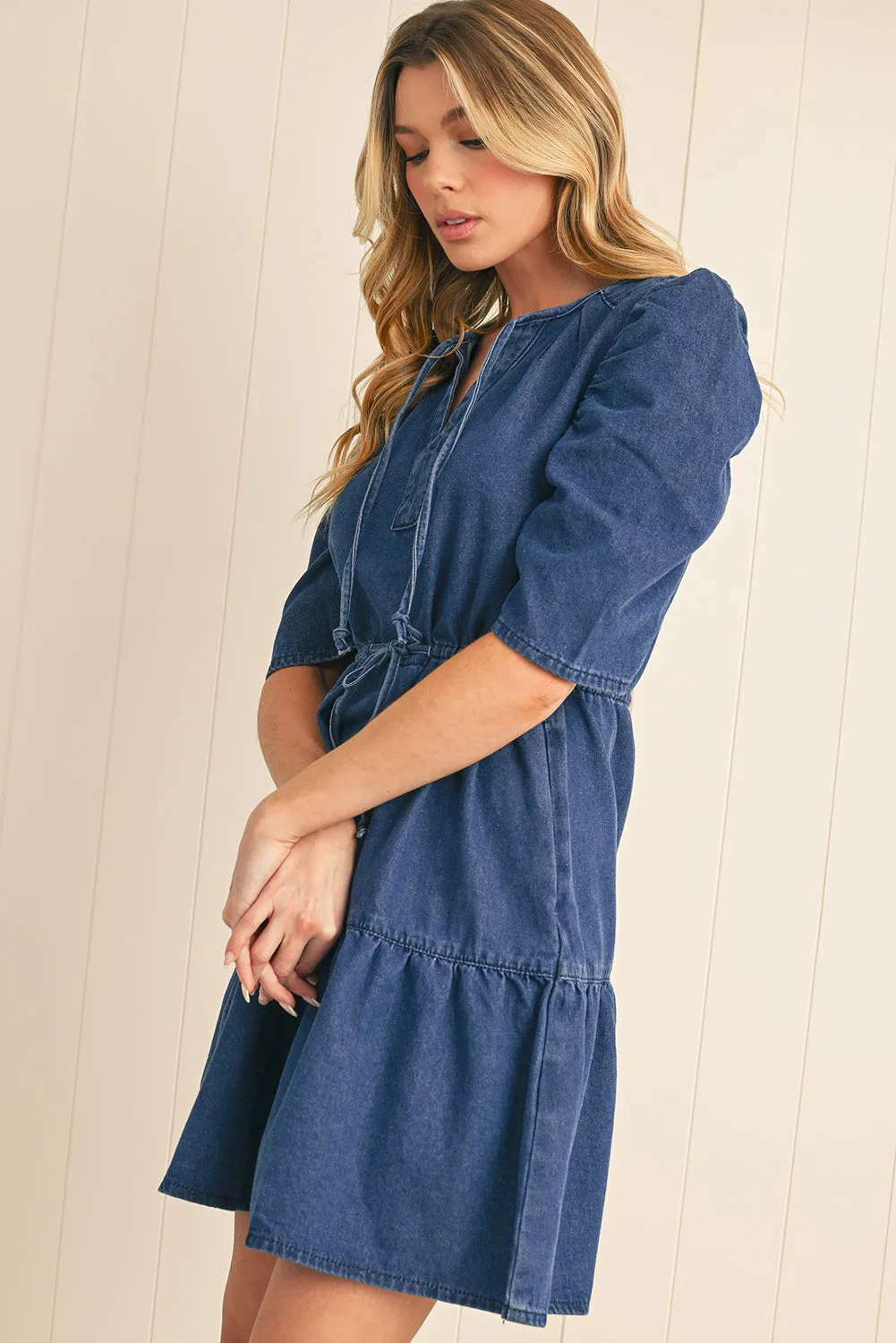 Puff Sleeve Denim Mini Dress sold by Beagle Boutique product image thumbnail 3