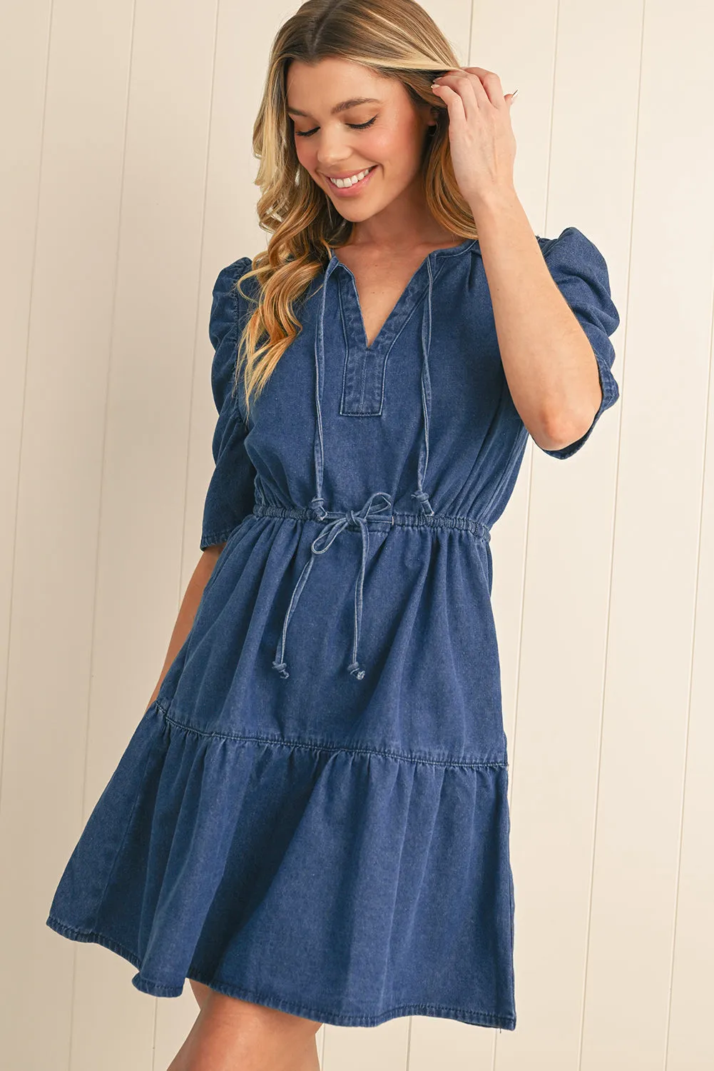 Puff Sleeve Denim Mini Dress sold by Beagle Boutique product image thumbnail 5