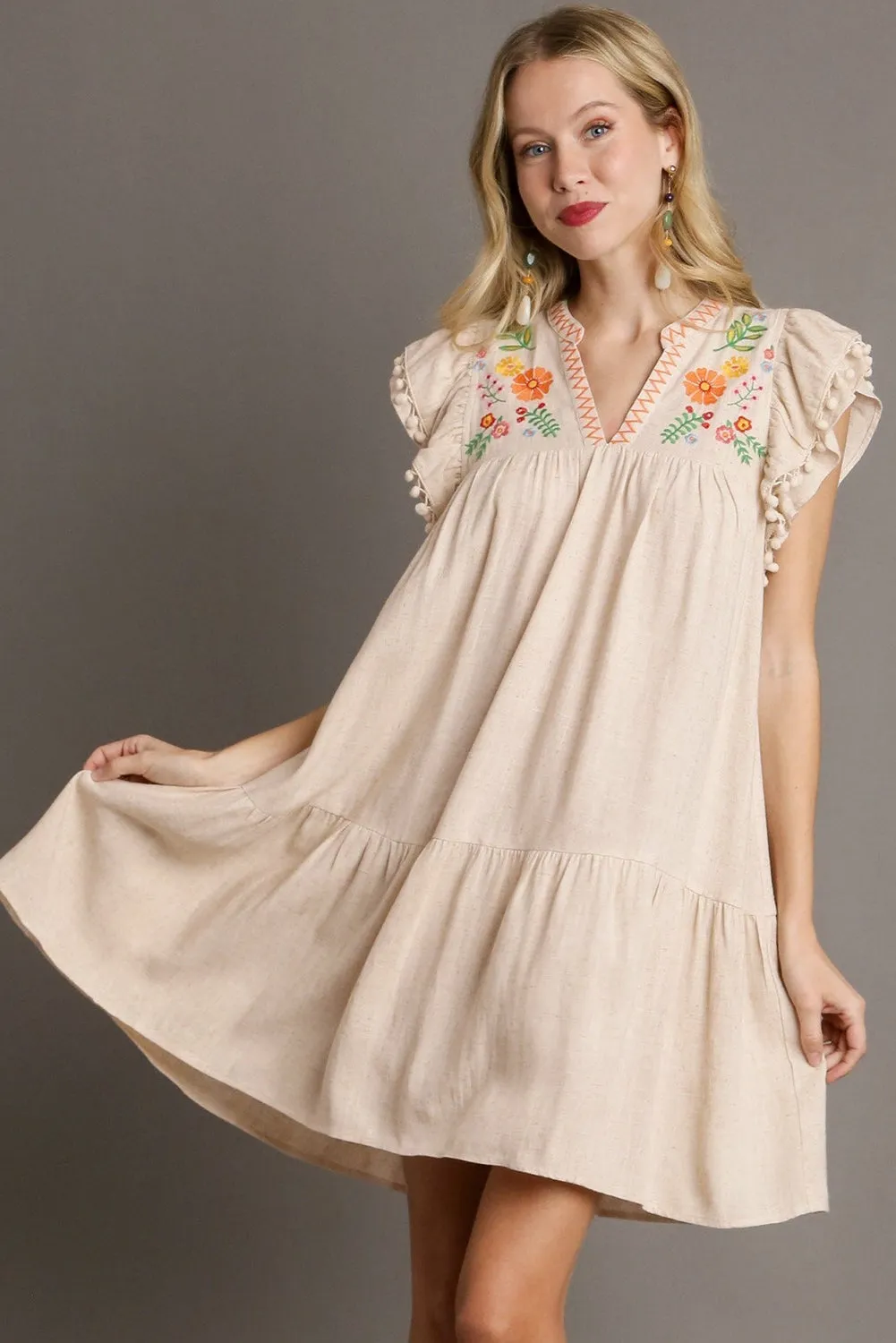 Embroidery Split Neck Pom Pom Ruffle Sleeve Short Dress sold by Beagle Boutique product image thumbnail 3
