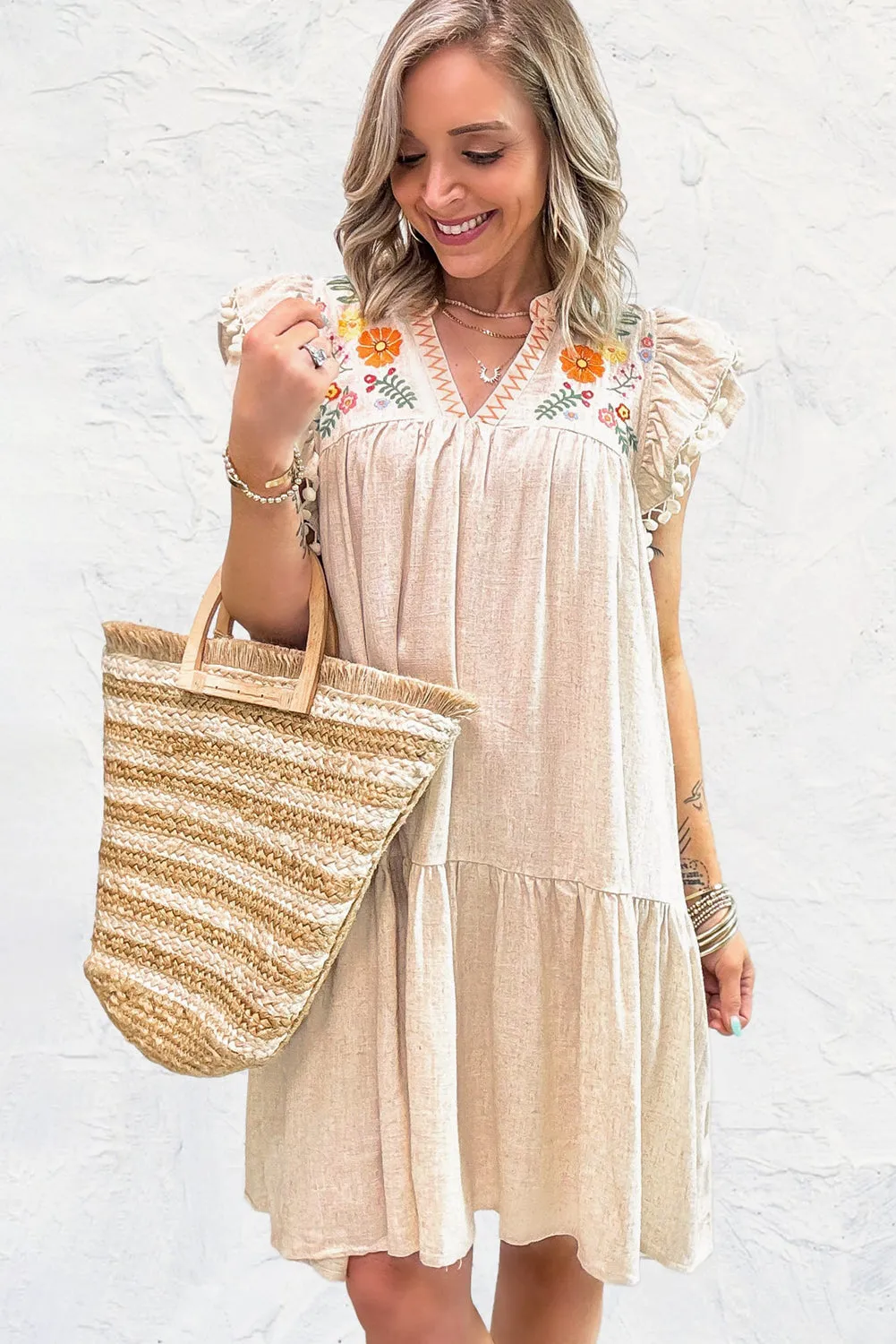 Embroidery Split Neck Pom Pom Ruffle Sleeve Short Dress sold by Beagle Boutique product image thumbnail 5