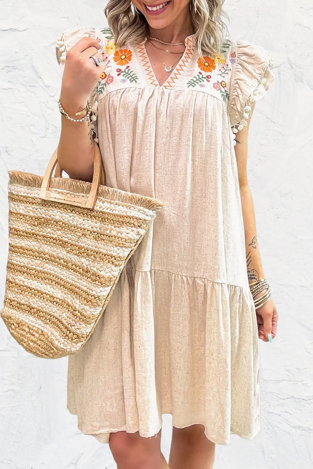 Embroidery Split Neck Pom Pom Ruffle Sleeve Short Dress sold by Beagle Boutique