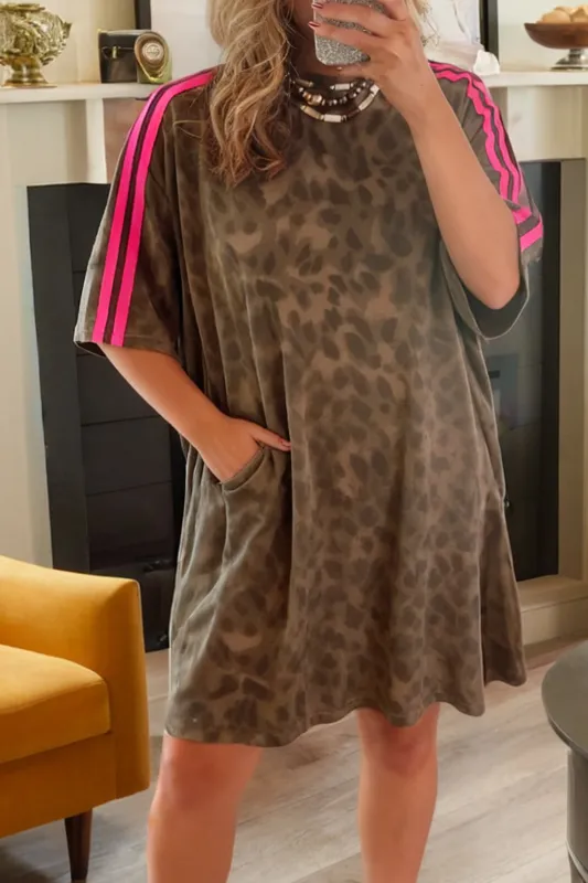 Oversized Contrast Striped Accent Leopard T-Shirt Mini Dress with Pockets made by Beagle Boutique