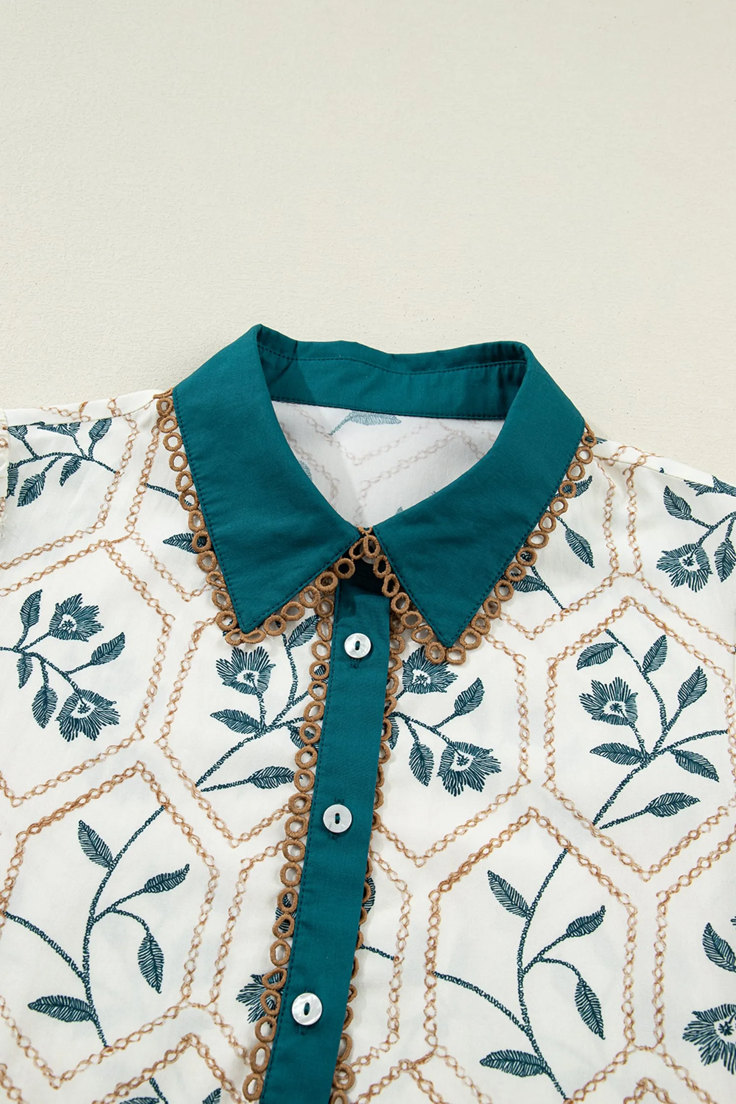Geometric Floral Print Lace Trim Collared Short Sleeve Mini Dress sold by Beagle Boutique product image thumbnail 5