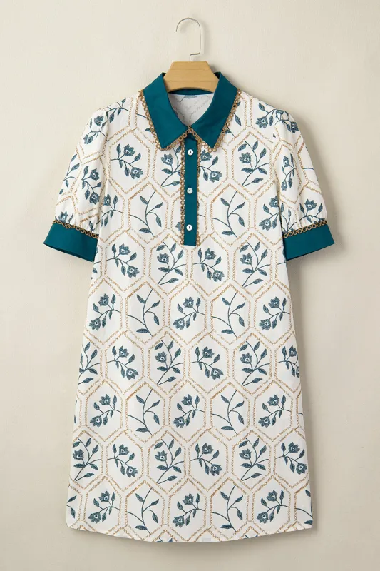 Geometric Floral Print Lace Trim Collared Short Sleeve Mini Dress made by Beagle Boutique