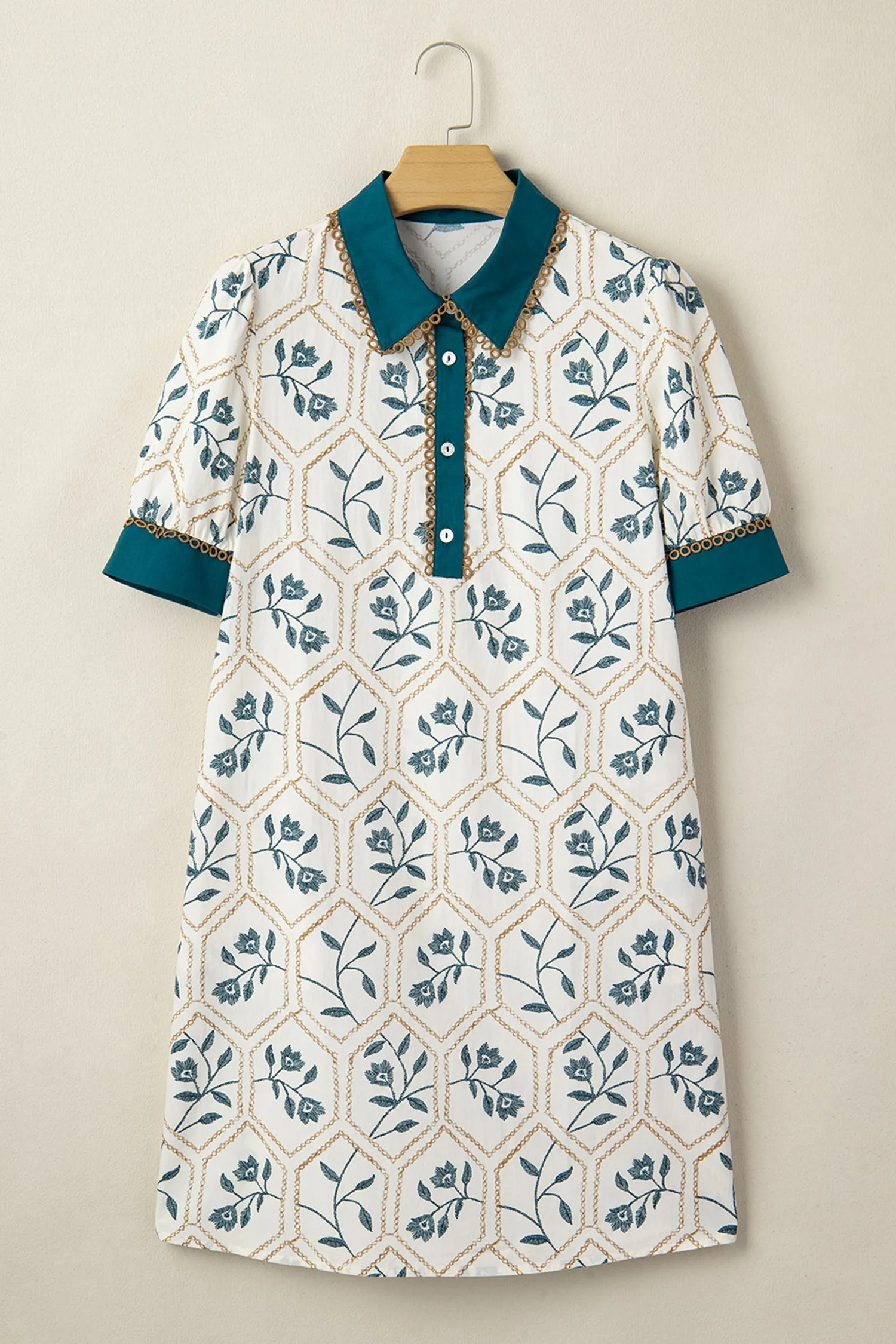 Geometric Floral Print Lace Trim Collared Short Sleeve Mini Dress sold by Beagle Boutique