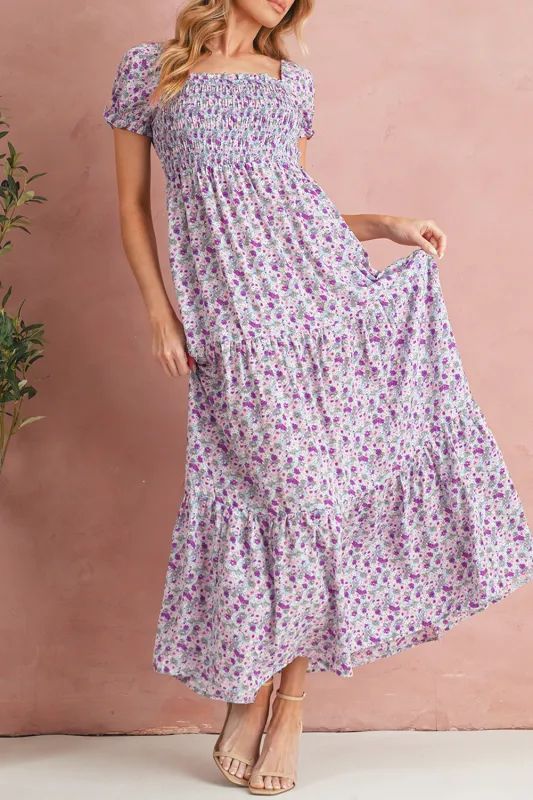 Floral Short Bubble Sleeve Smocked High Waist Maxi Dress made by Beagle Boutique