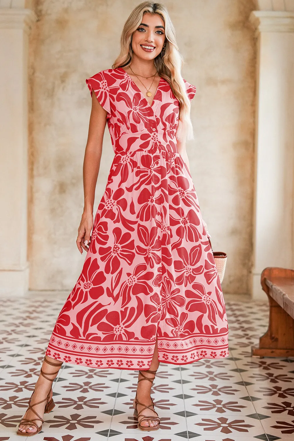 Boho Floral V-Neck Ruffle Shoulder Maxi Dress sold by Beagle Boutique product image thumbnail 5