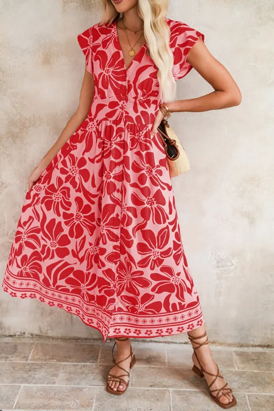 Boho Floral V-Neck Ruffle Shoulder Maxi Dress made by Beagle Boutique