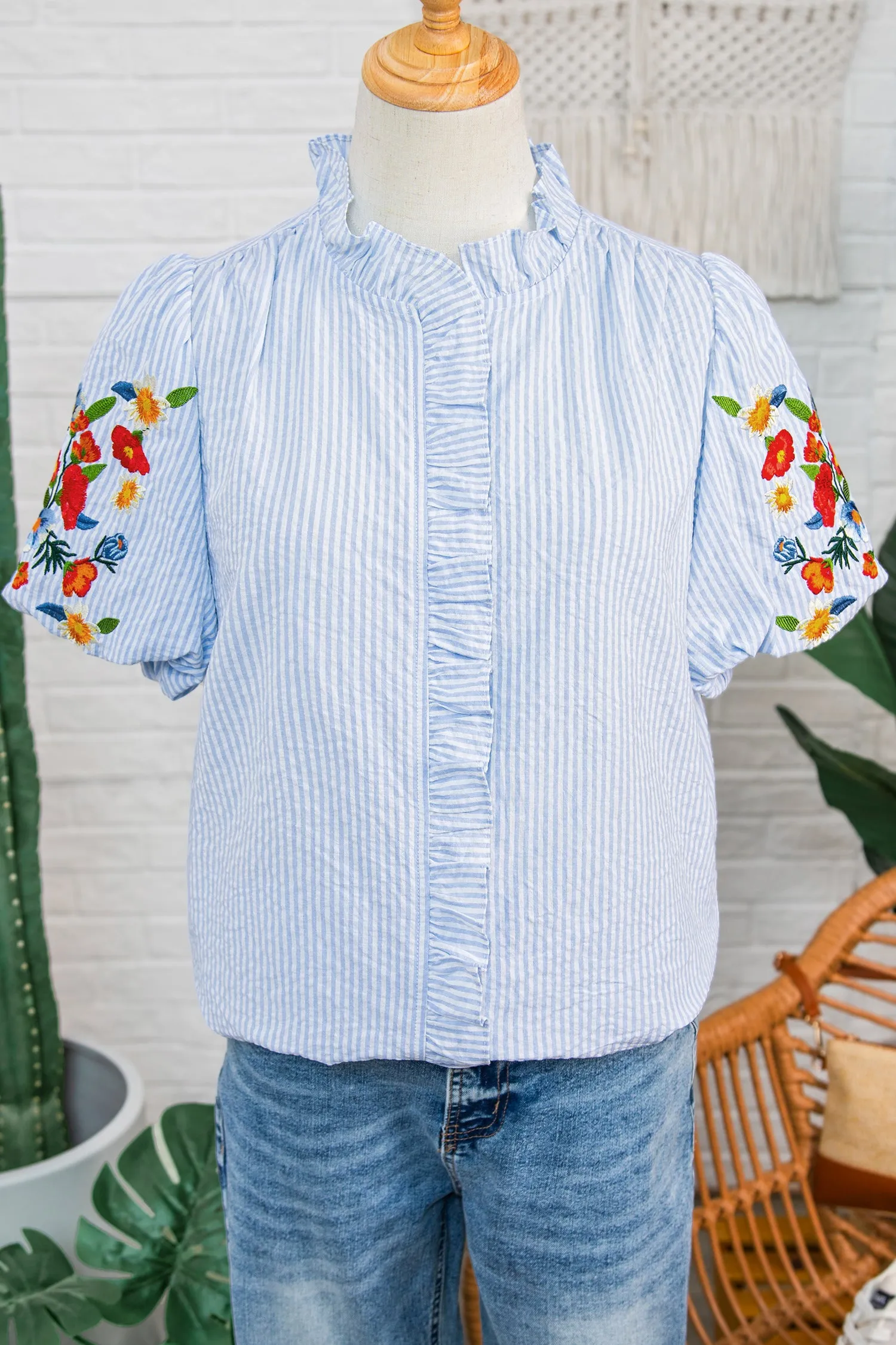 Striped Shirt Floral Detailed Short Sleeve sold by Beagle Boutique product image thumbnail 3