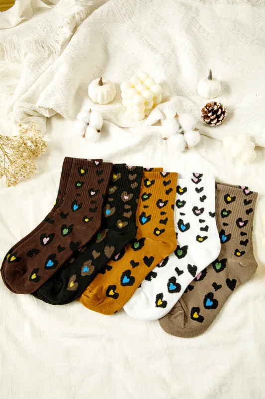 5 Pairs Ribbed Trim Heart Leopard Print Socks made by Beagle Boutique