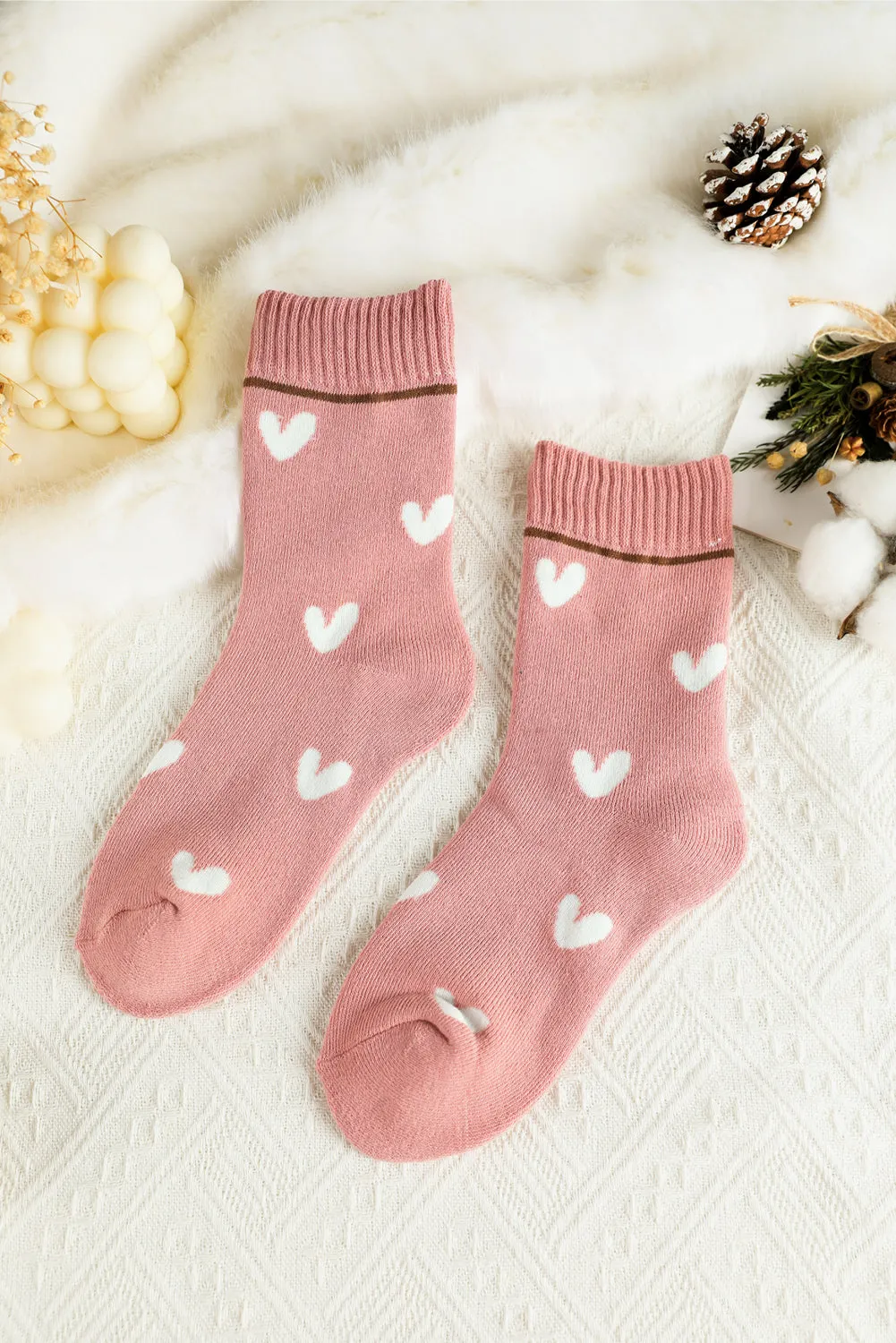 Pink Contrast Heart Print Ribbed Cuff Womens Crew Socks sold by Beagle Boutique product image thumbnail 2