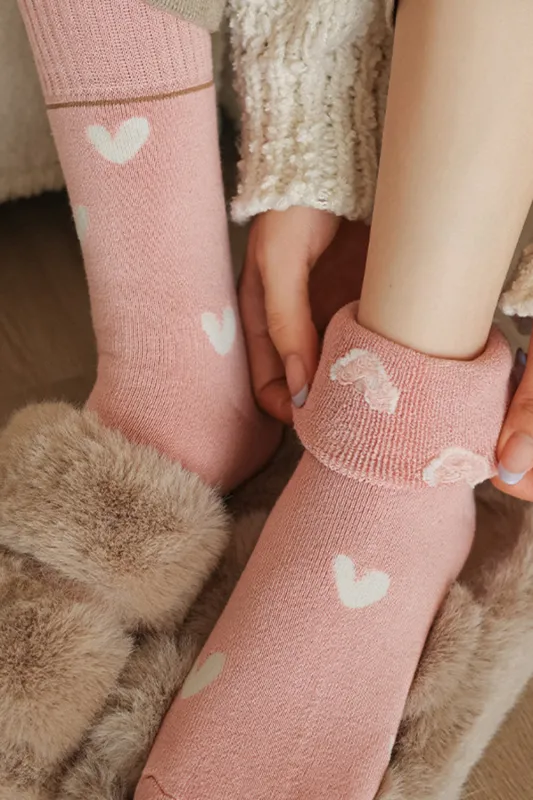 Pink Contrast Heart Print Ribbed Cuff Womens Crew Socks made by Beagle Boutique