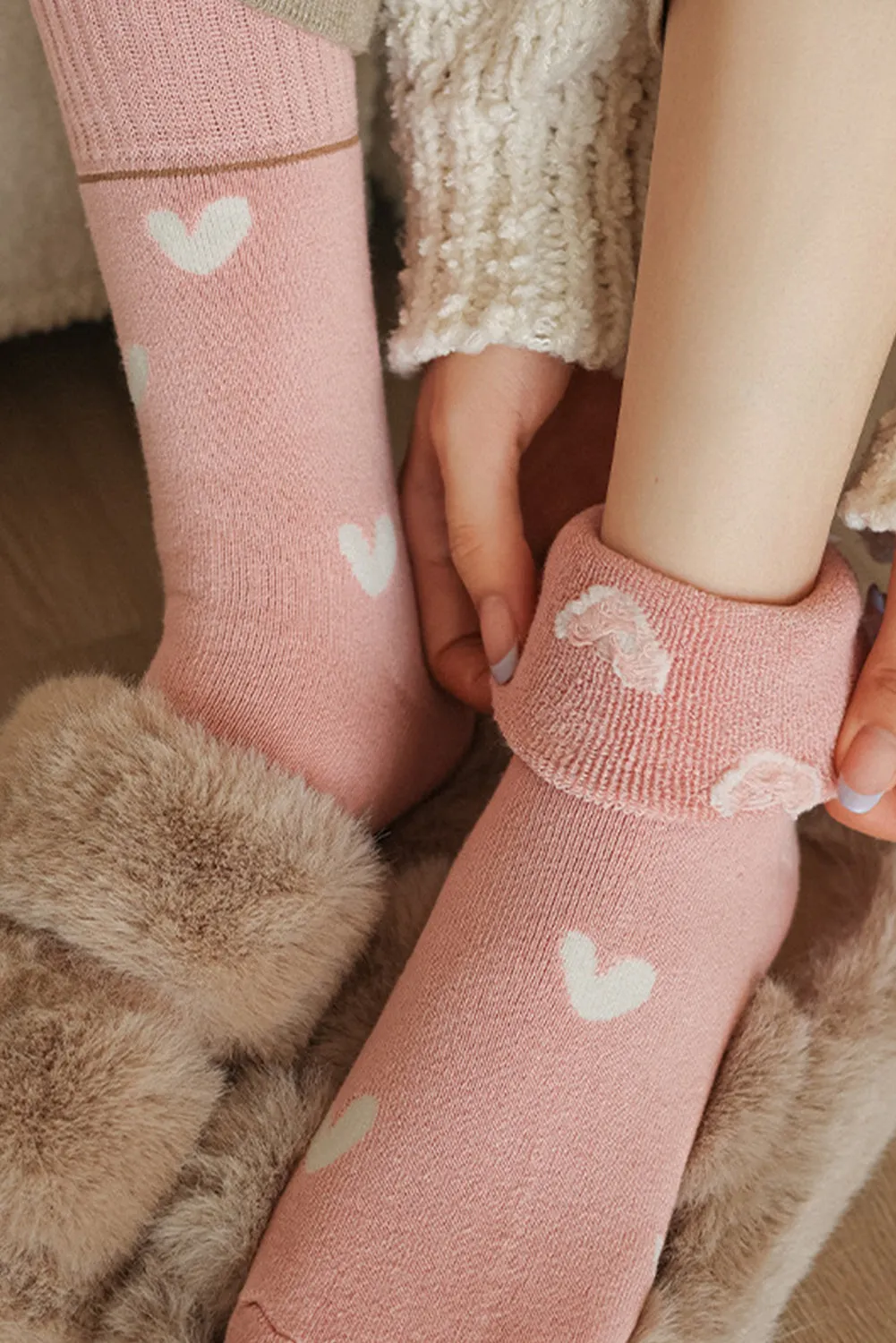 Pink Contrast Heart Print Ribbed Cuff Womens Crew Socks sold by Beagle Boutique