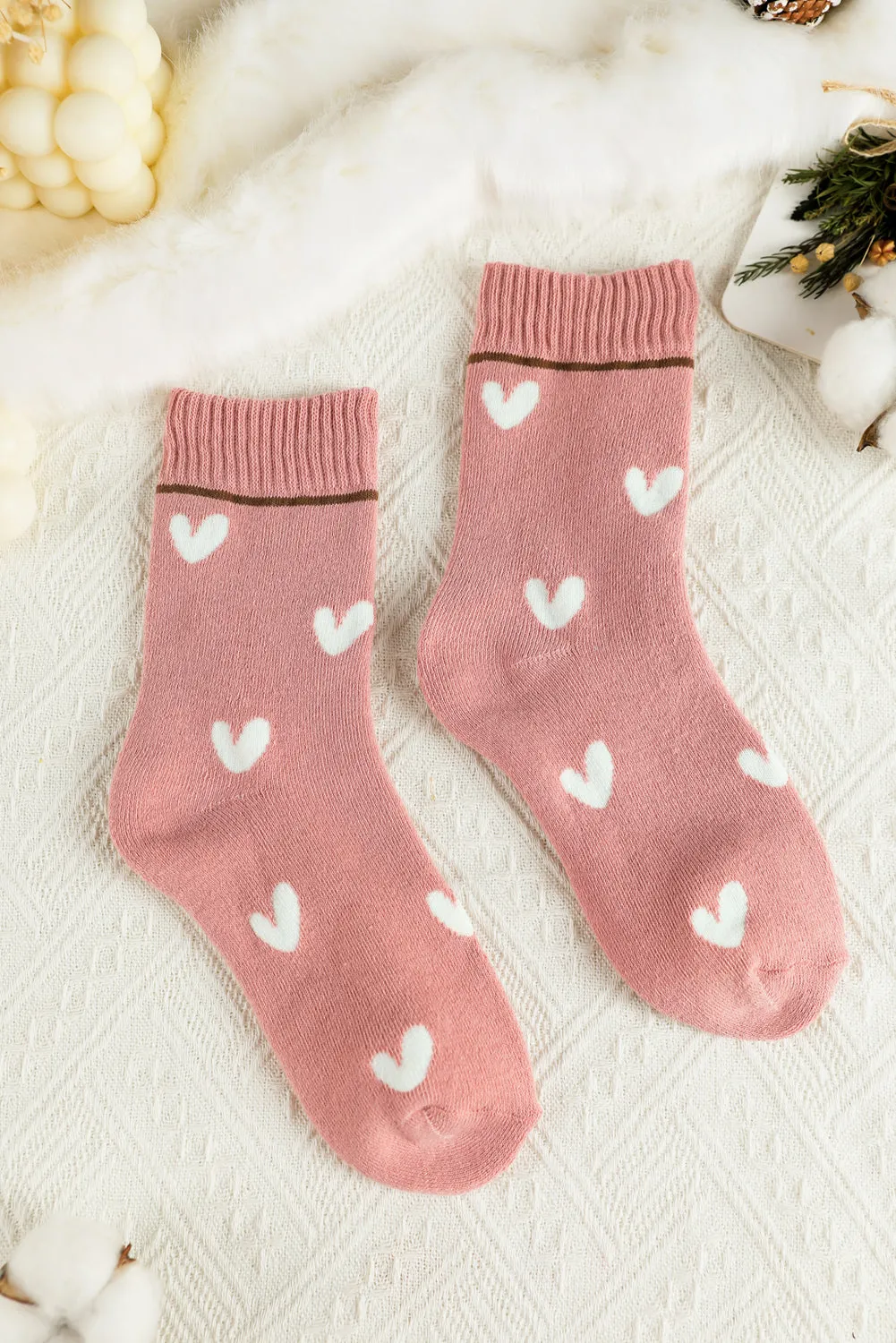 Pink Contrast Heart Print Ribbed Cuff Womens Crew Socks sold by Beagle Boutique product image thumbnail 5