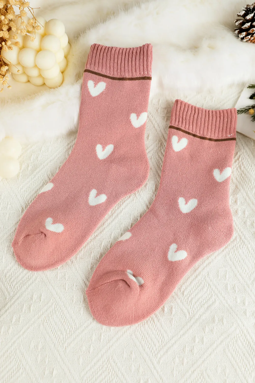 Pink Contrast Heart Print Ribbed Cuff Womens Crew Socks sold by Beagle Boutique product image thumbnail 3