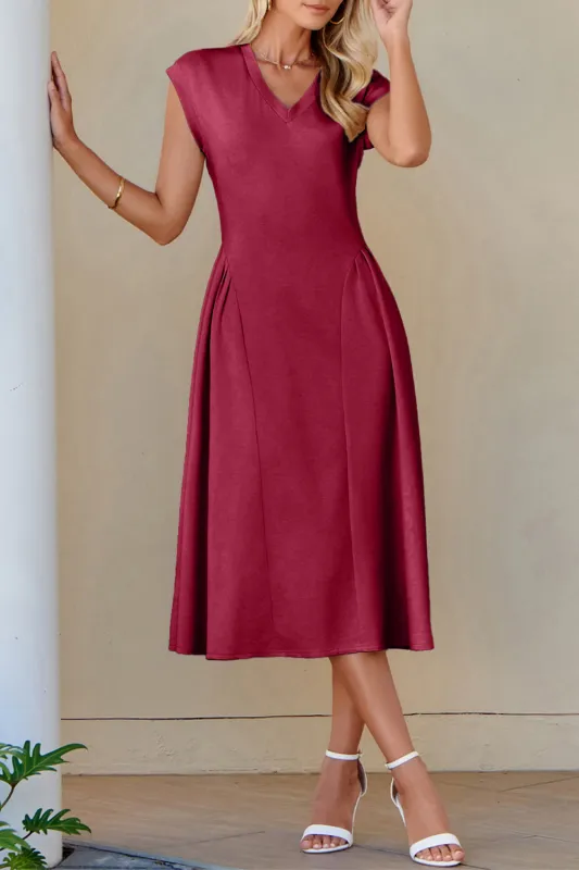 V-Neck Pleated Flared Midi Dress made by Beagle Boutique