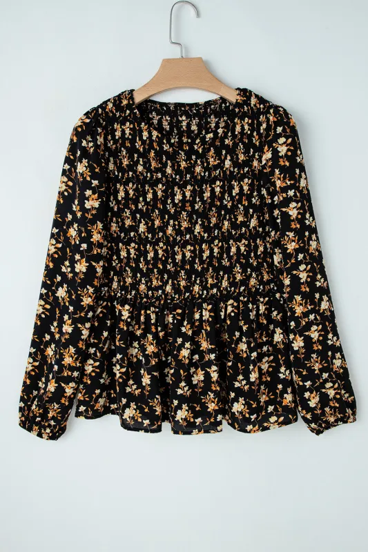 Boho Floral Smocked Bust Ruffled Peplum Blouse made by Beagle Boutique