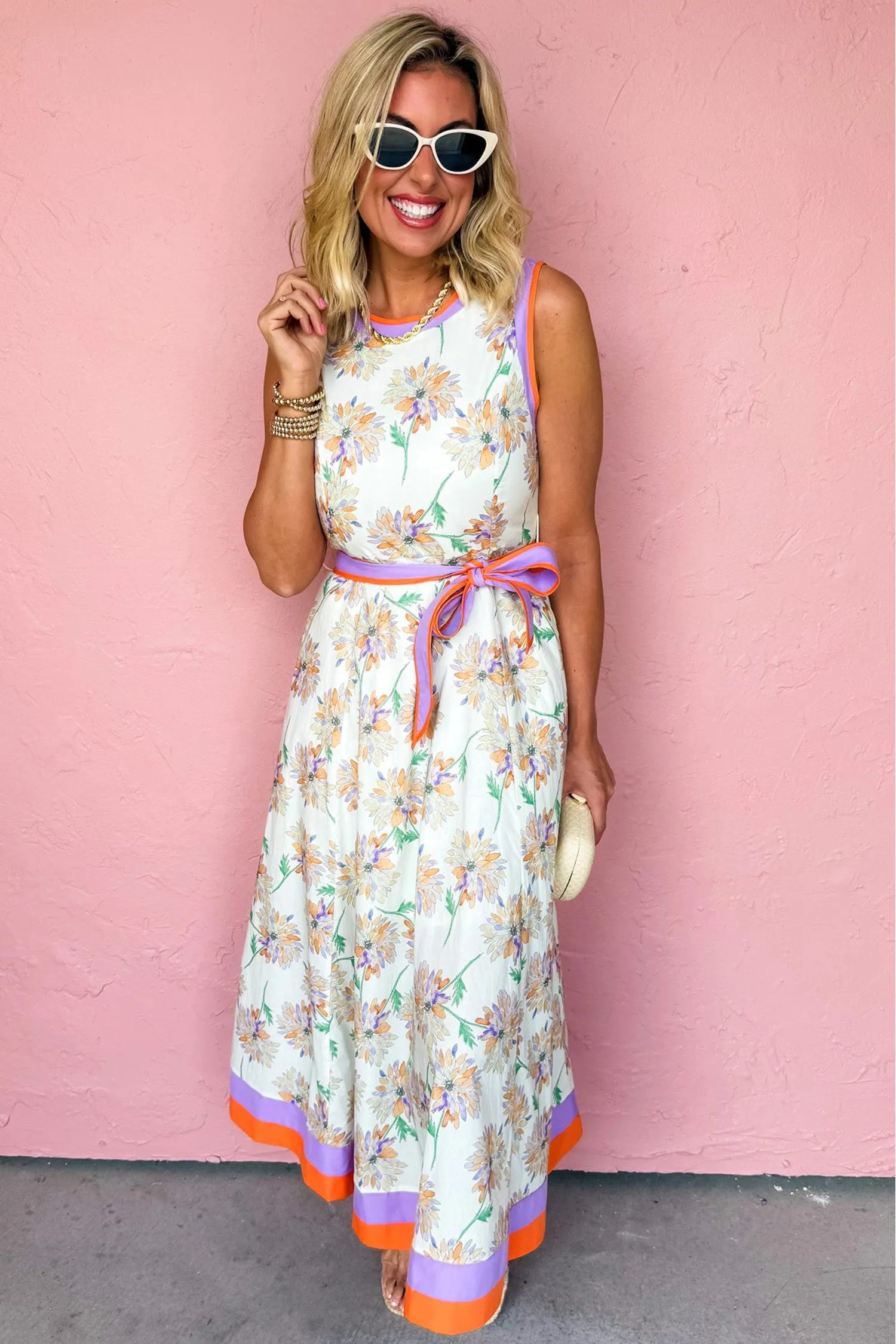 Floral Print Colour Block Trim Belted Sleeveless Maxi Dress sold by Beagle Boutique product image thumbnail 3
