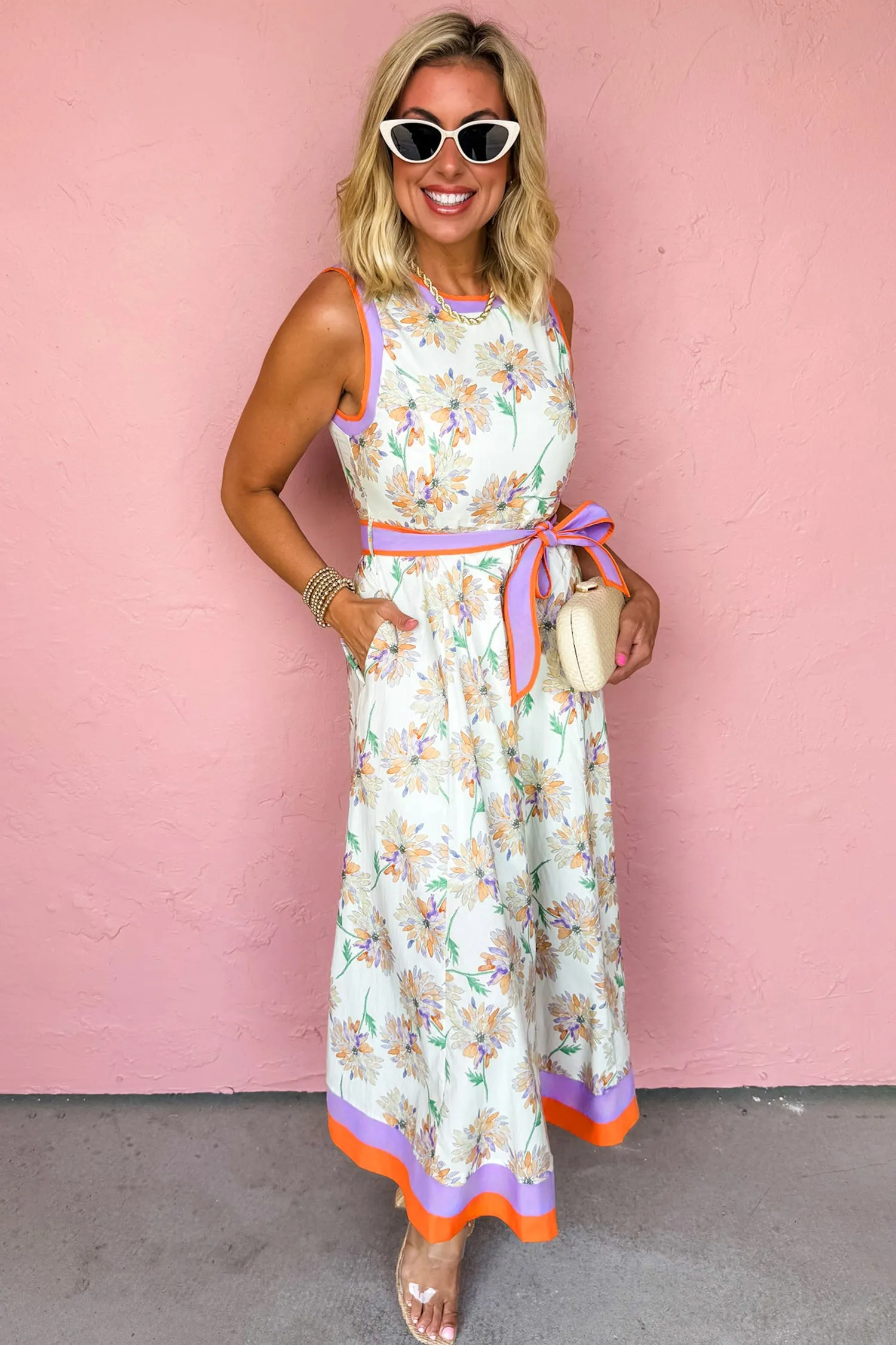 Floral Print Colour Block Trim Belted Sleeveless Maxi Dress sold by Beagle Boutique product image thumbnail 5