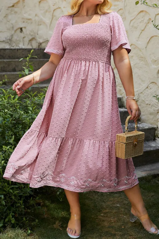 Plus Size Swiss Dot Short Sleeve Smocked Flowy Midi Dress made by Beagle Boutique