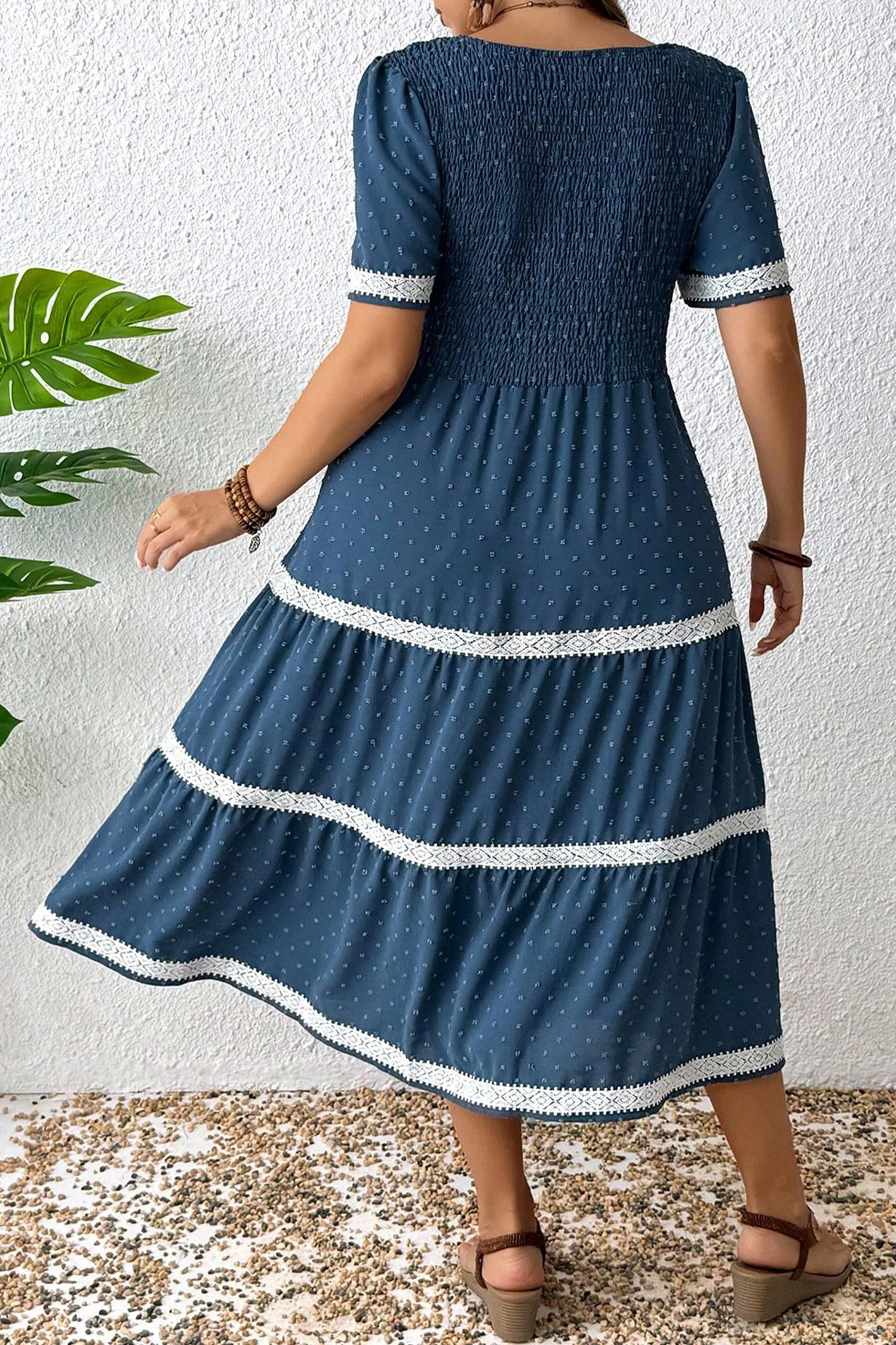 Plus Size V-Neck Swiss Dot Lace Patchwork Detail Flared Midi Dress sold by Beagle Boutique product image thumbnail 2