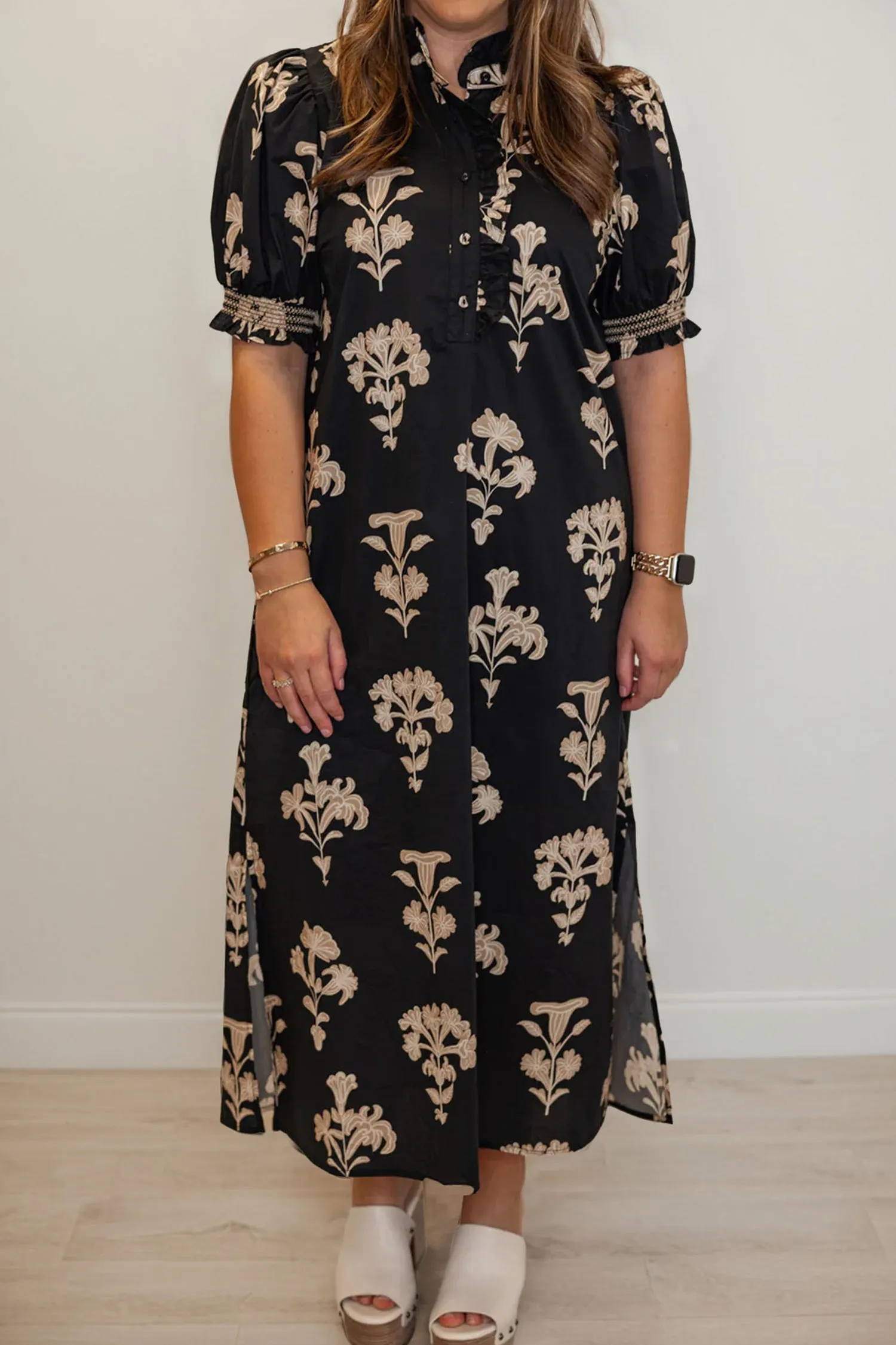 Floral Print Frilled Collar Short Puff Sleeve Plus Size Maxi Dress sold by Beagle Boutique