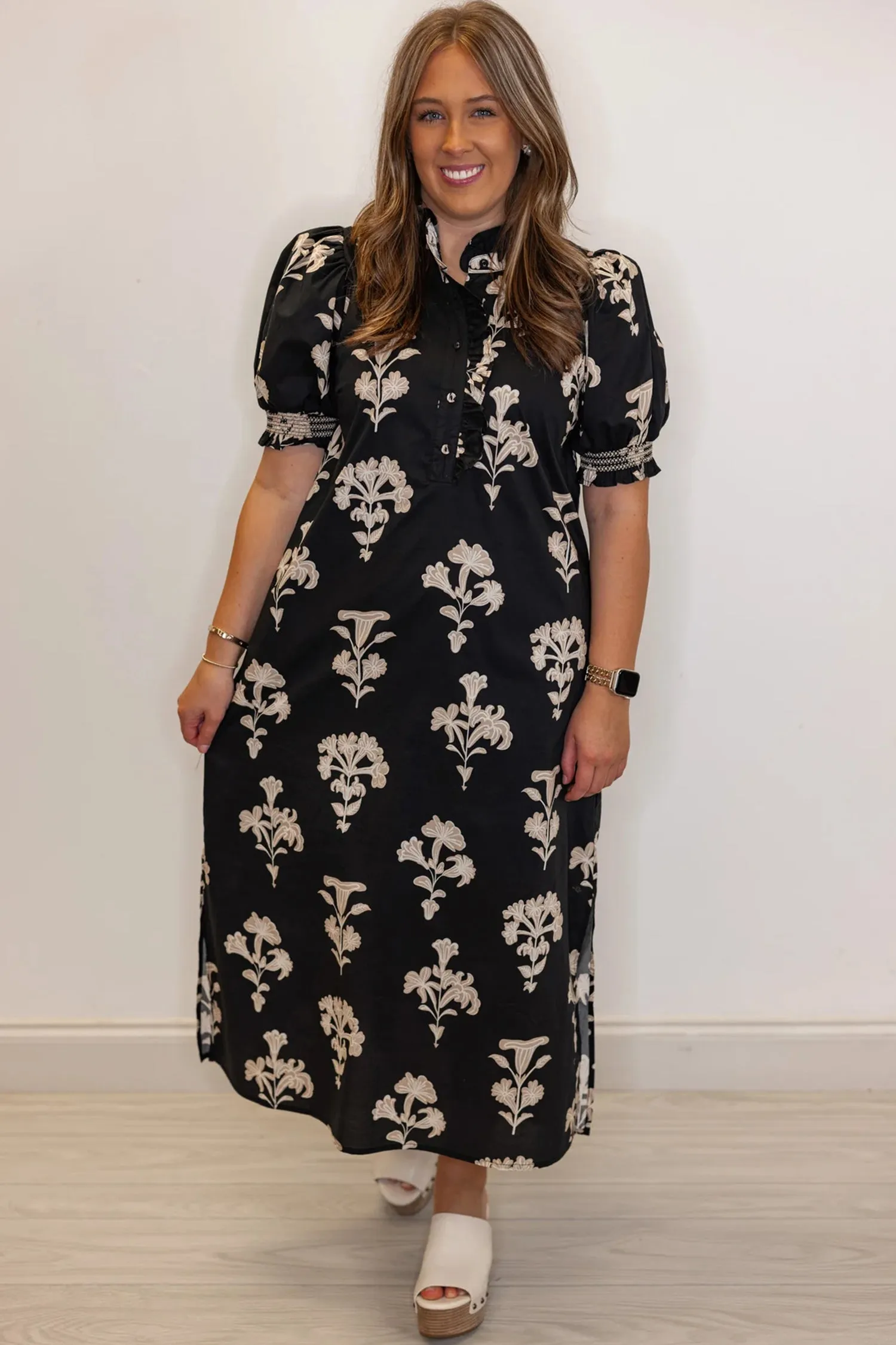 Floral Print Frilled Collar Short Puff Sleeve Plus Size Maxi Dress sold by Beagle Boutique product image thumbnail 4