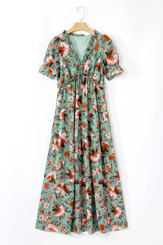 Floral Print Frilled V-Neck Short Sleeve Maxi Dress made by eAura
