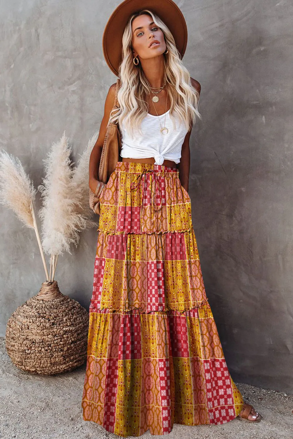 Tiered Paisley Print Pocketed Maxi Skirt sold by Beagle Boutique product image thumbnail 4
