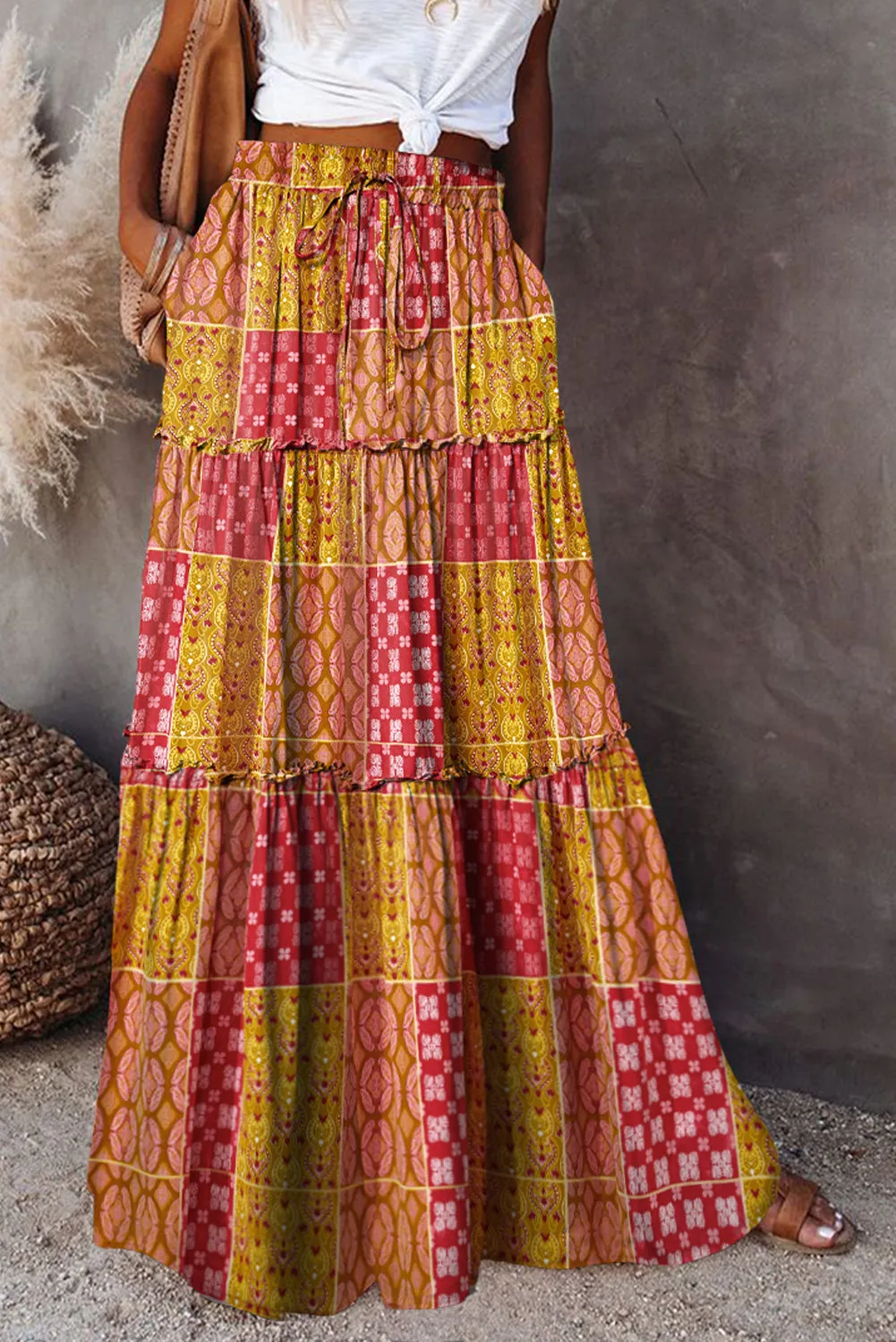 Tiered Paisley Print Pocketed Maxi Skirt sold by Beagle Boutique product image thumbnail 2