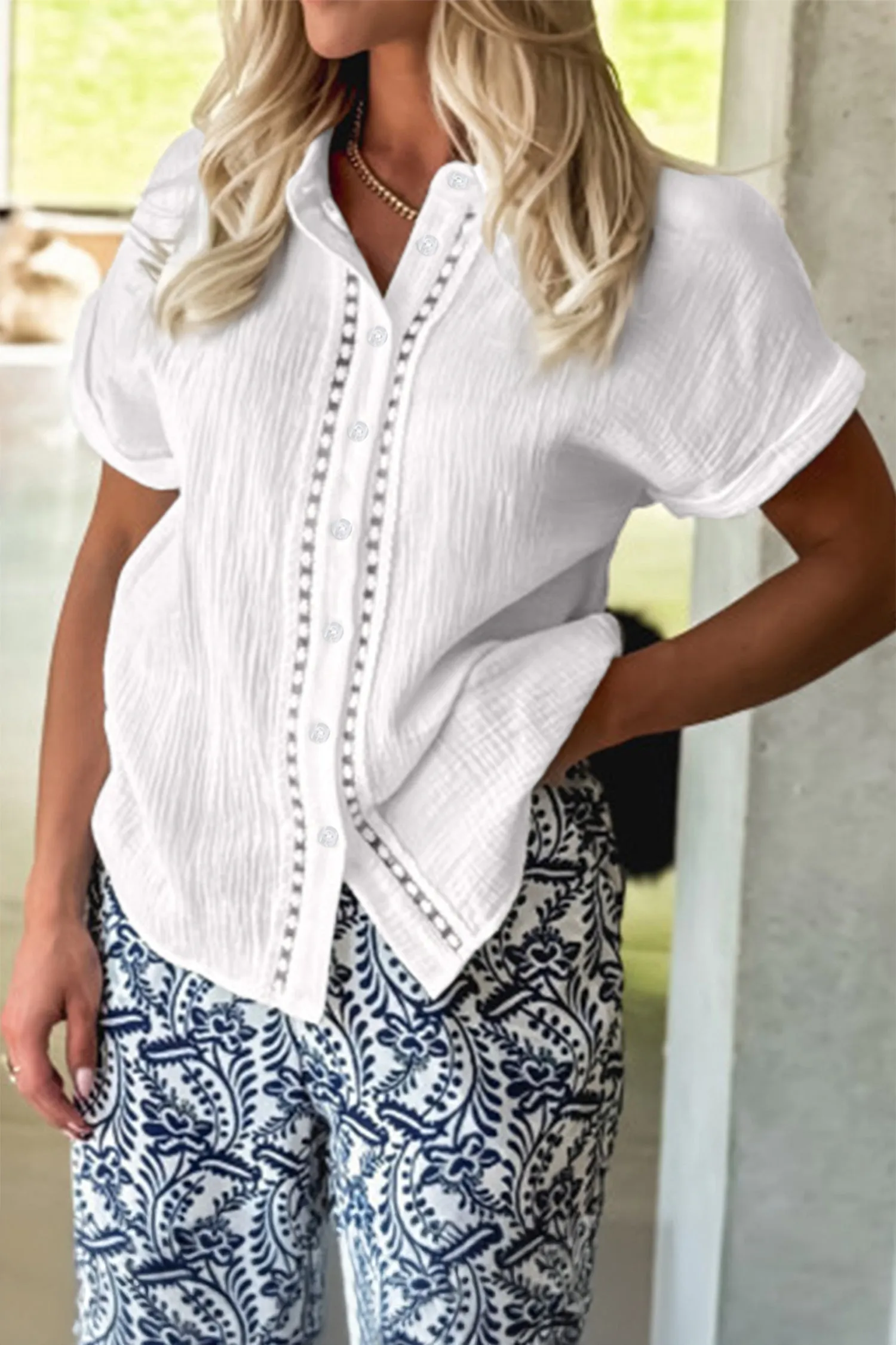 Lace Trim Cuffed Short Sleeve Textured Shirt sold by Beagle Boutique product image thumbnail 4
