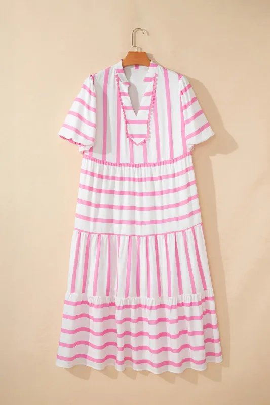 Stripe Plus Size V-Neck Short Puff Sleeve Tiered Maxi Dress made by eAura